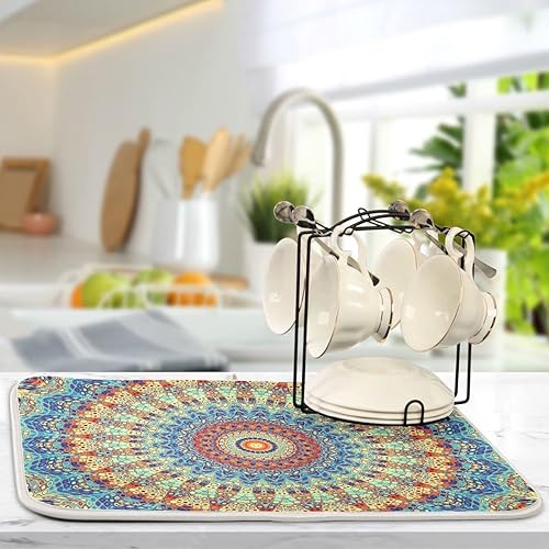 Vista 142 de Daisy On Old - Tapete de secado de platos de madera para encimera de cocina, tapete de secado de madera turquesa de 18 x 24 pulgadas con tapete