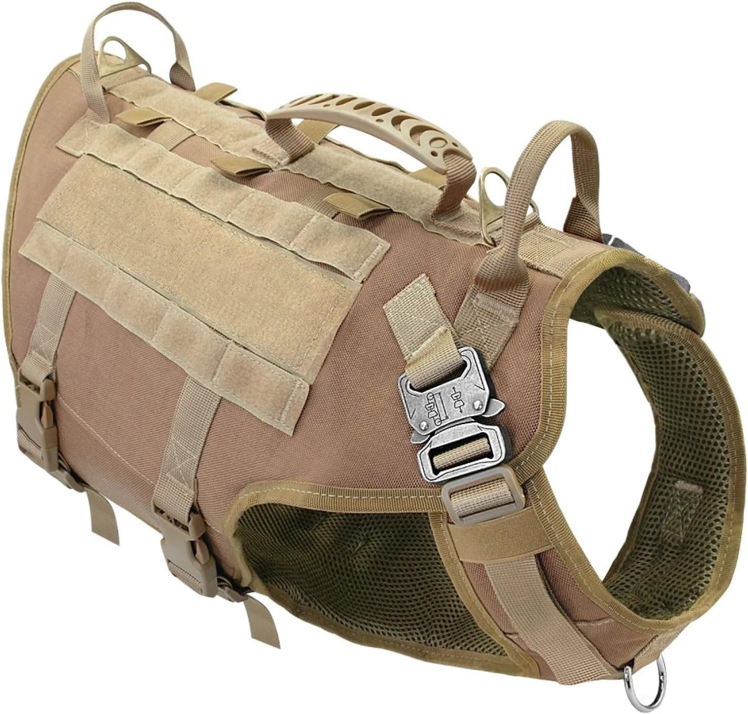 Outdoor Medium Large Dog Camping Hunting Training Harness No Pull Adjustable Nylon Military Tactical Service Dog Harness,Khaki,L