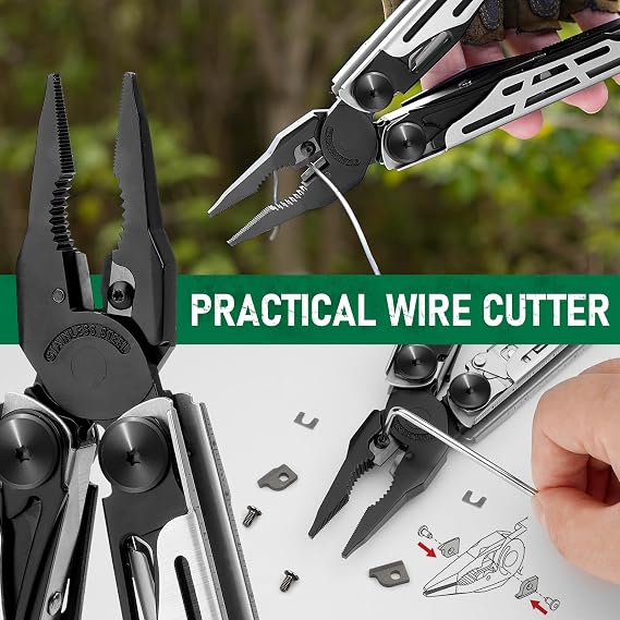 BIBURY Multitool Pliers Pro BI2045 Black + Silvery, Foldable Multitools With Replaceable Wire Cutters and Upgraded Scissors, T-Shank Interchangeable Tools, Ideal for Camping Fishing Survial