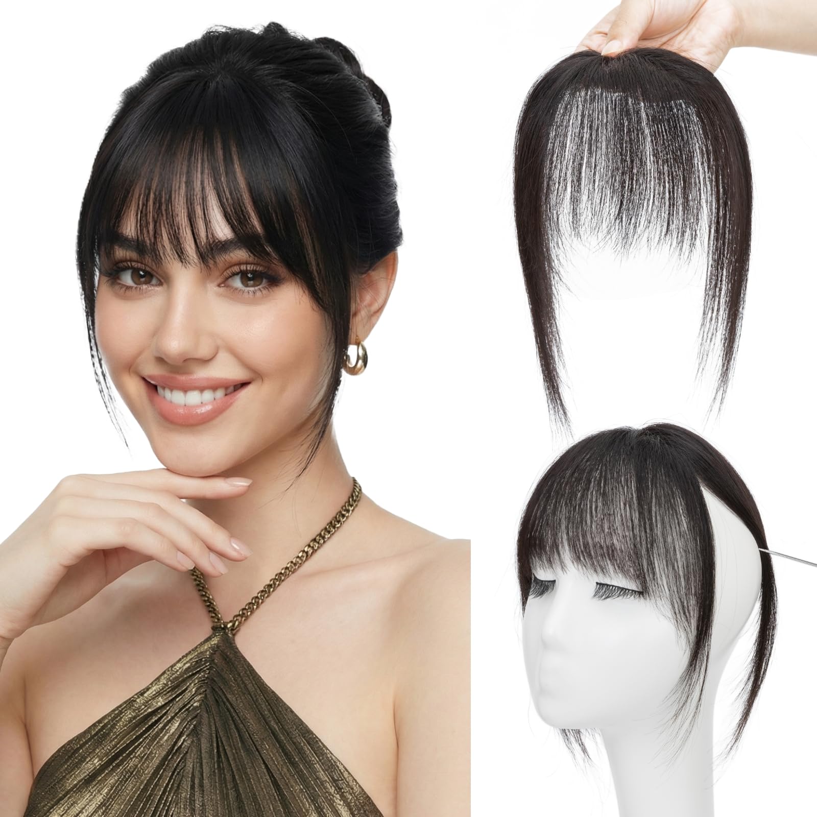 Pony Haarteil Echthaar mit 2 Clips in Extensions 100% Remy Haar Topper Handgebundene Basis Haarverlängerungen Fringe Natürlich für Damen Naturschwarz #1B