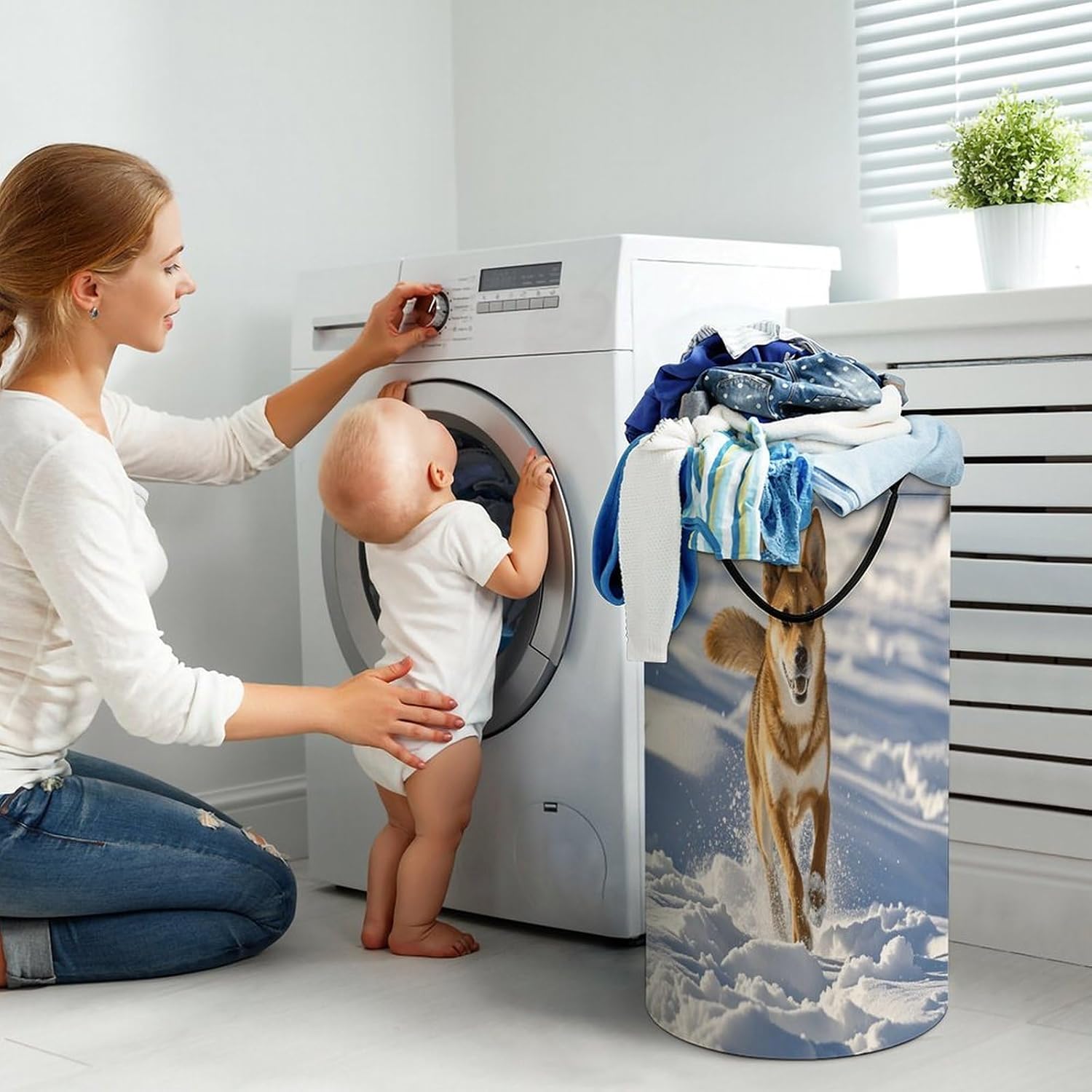 Dog Chasing in The Snow Laundry Hamper Large Collapsible Laundry Basket with Handles Waterproof Clothes Hamper Portable Dirty Clothes Basket for Bedroom Laundry Room Closet Bathroom