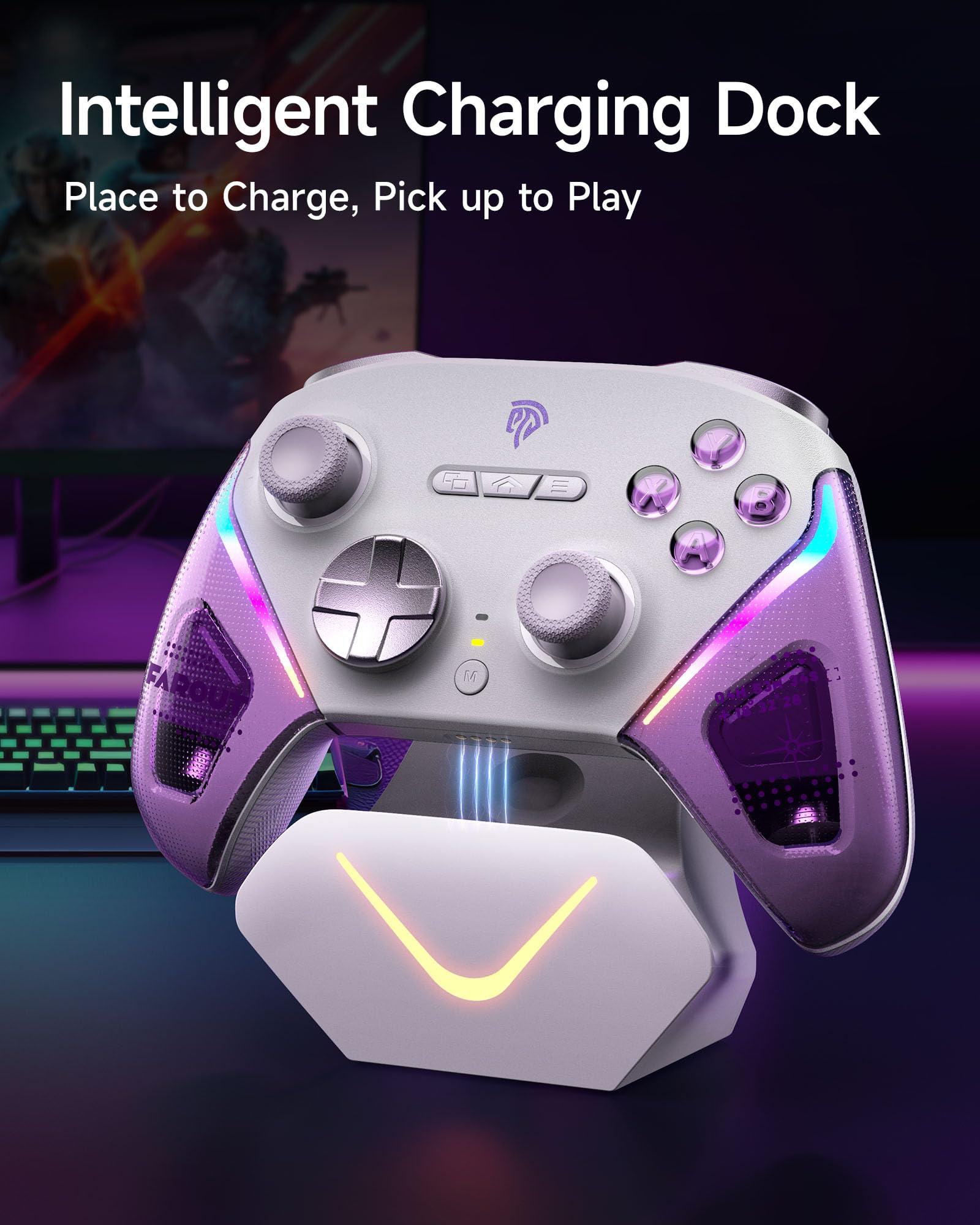EasySMX Bezprzewodowy Kontroler PC ze Stacją Ładowania/RGB/Hall Joystick i Triggerem, D10 Kontroler Switch 2, Kontroler do Telefonu dla PC/Switch/Urządzeń Android/iOS (Fioletowy