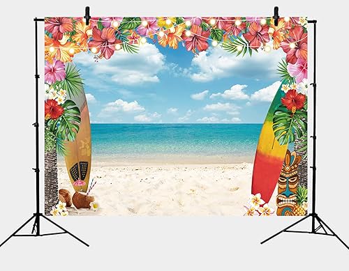 Miniatura 6 de Telón de fondo de playa de Hawaii de verano de 7 x 5 pies, Aloha con palmera tropical, cielo azul, océano, tabla de surf, fondo de fotografía