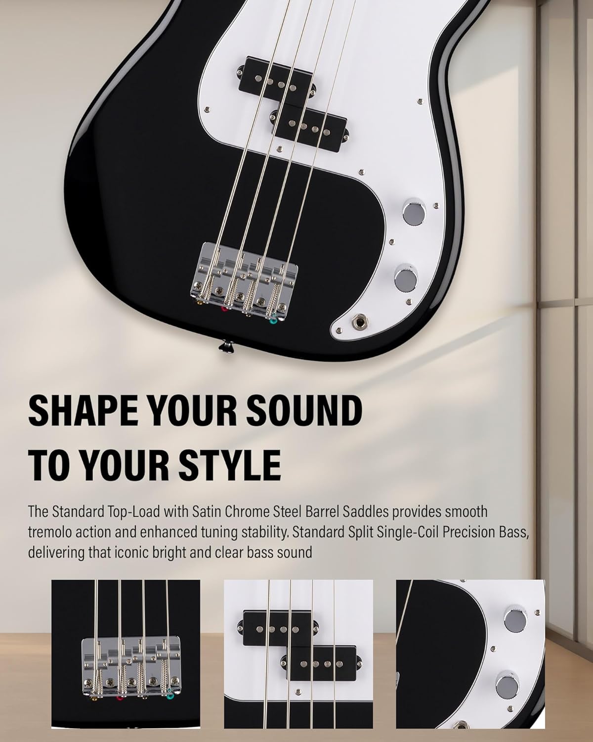 Fender Standard Precision Bass - Black Bundle with Strap, Guitar Cleaning Kit, and Austin Bazaar Instructional Video