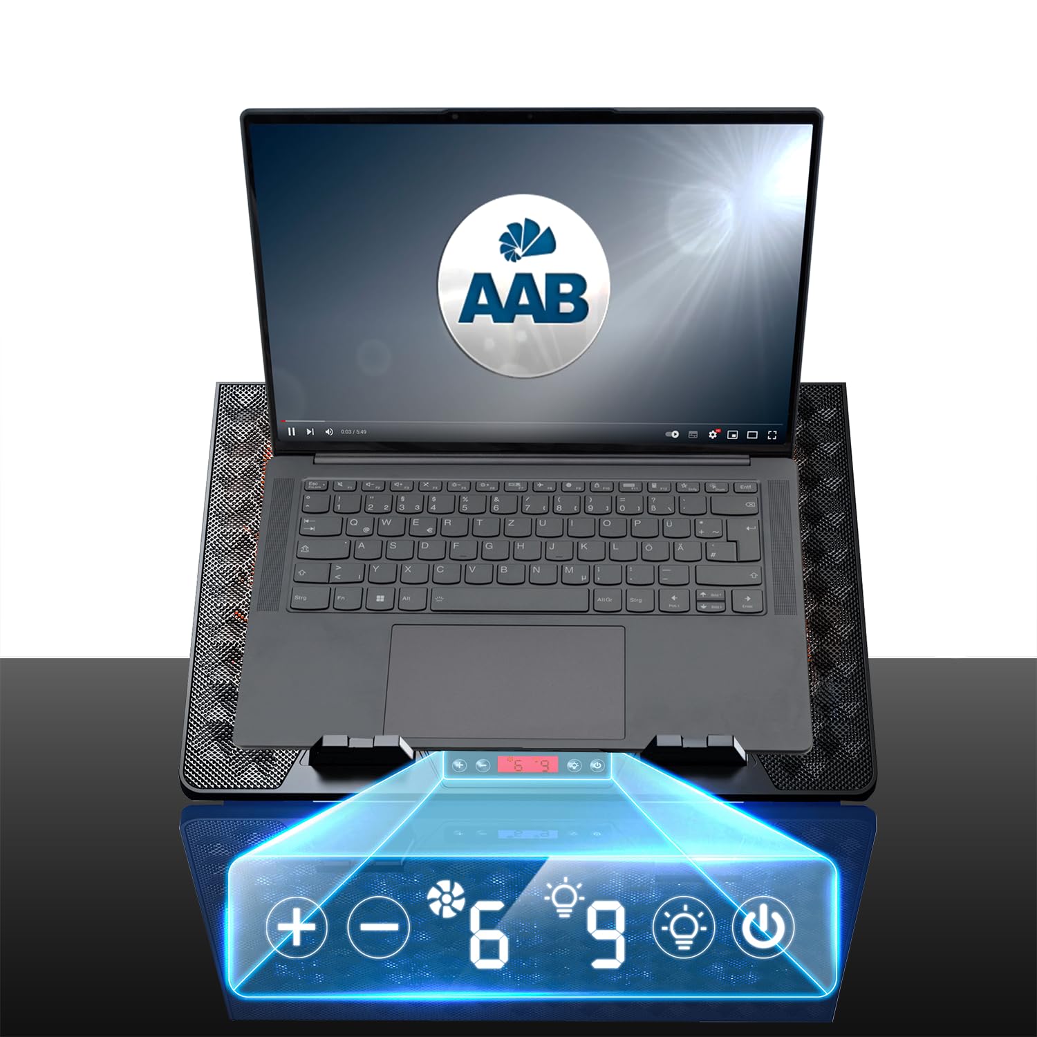 AABCOOLING SPATIUM - Podkładka Chłodząca do Laptopa do Gier 9-17", 15 Cichych, Wydajnych Wentylatorów, Sterowanie LCD, 5-Stopni Nachylenia, 2xUSB, Obudowa z Podświetleniem RGB, Podstawka pod Notebooka