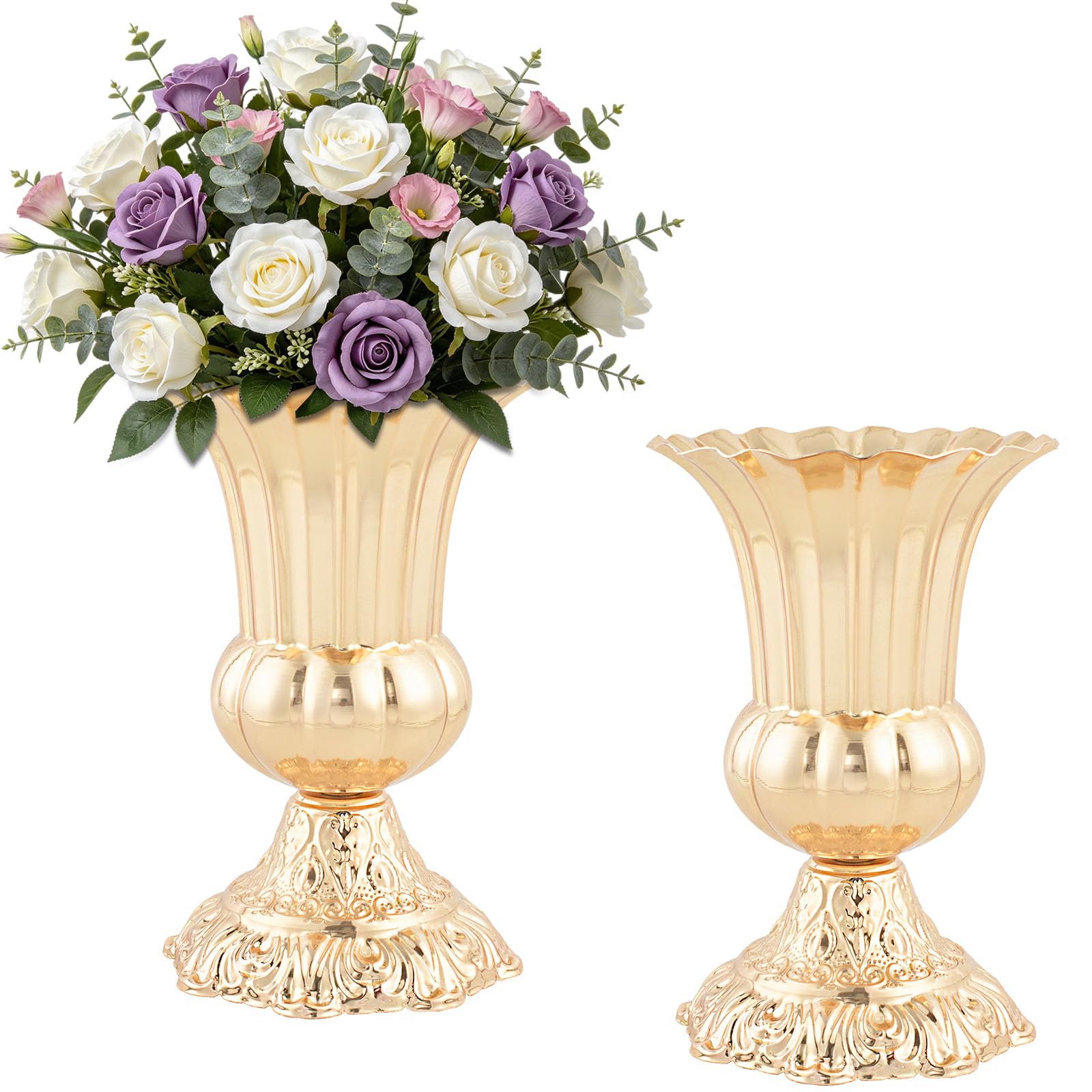 View 1 of 2 Pcs Gold Vases for Centerpieces, 8.4" Metal Urn Vases for Artificial Flowers, Rust-Proof Trumpet Vase for Wedding Table Decor, Anniversary, Birthday & Home