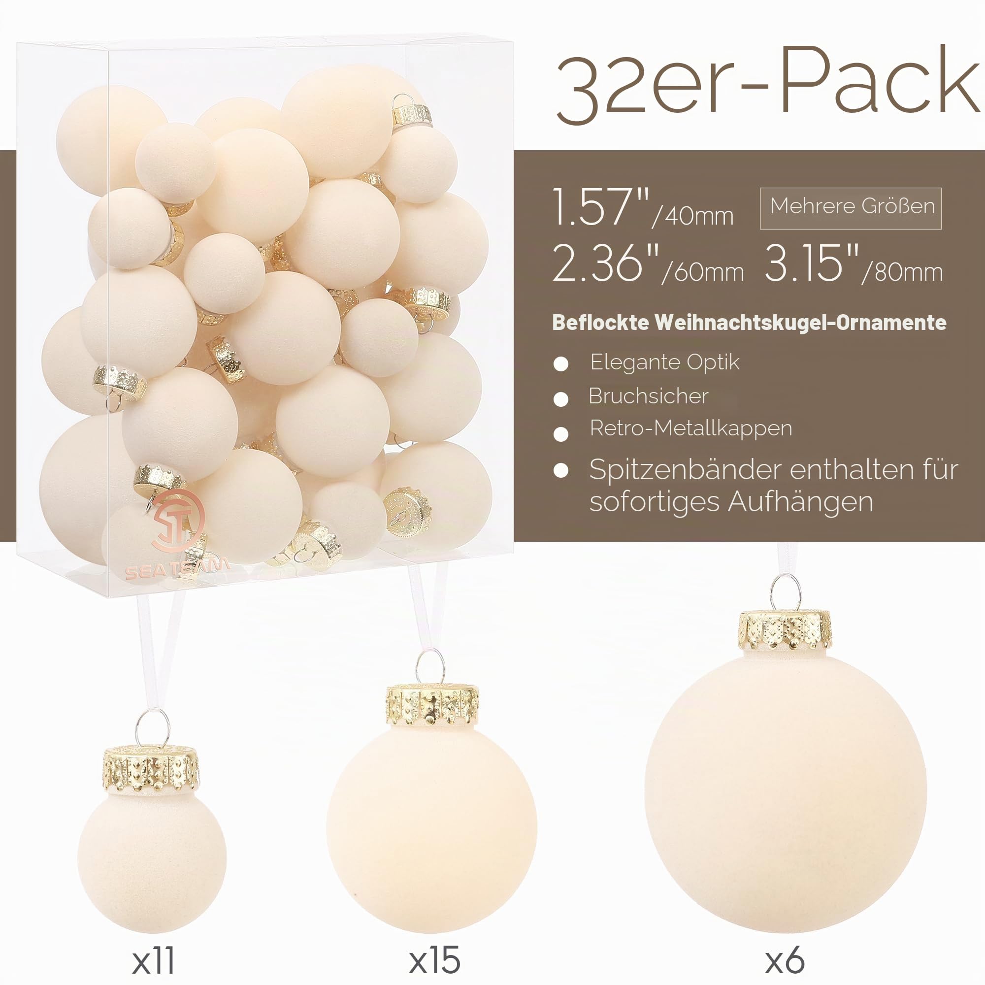 Sea Team 32er-Pack Samt Weihnachtskugeln Verschiedene Größen Creme