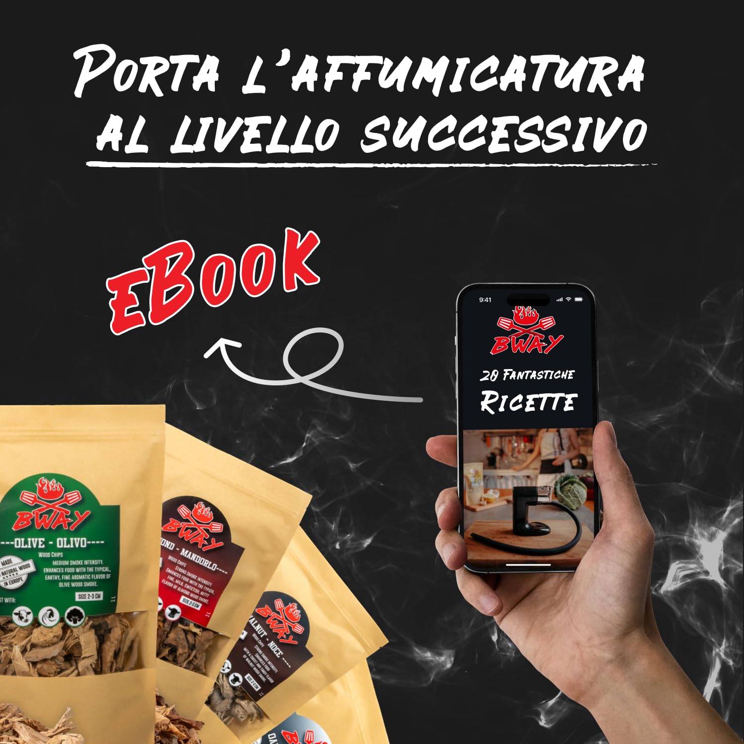 BWAY Chips Affumicatura - Legna per Barbecue per Affumicatura di Maiale, Pesce, Frutta e Verdura - Legno per Affumicatura al Gusto Olivo, Arancio, Mandorlo, Limone, Noci e Quercia (6x1L)
