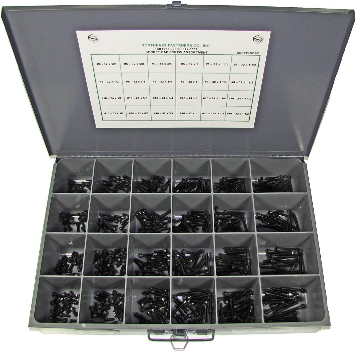 Socket Head Cap Screw Assortment, Coarse Thread (USS), Smaller Diameters, 24 Hole Storage Bin, 600 Pieces