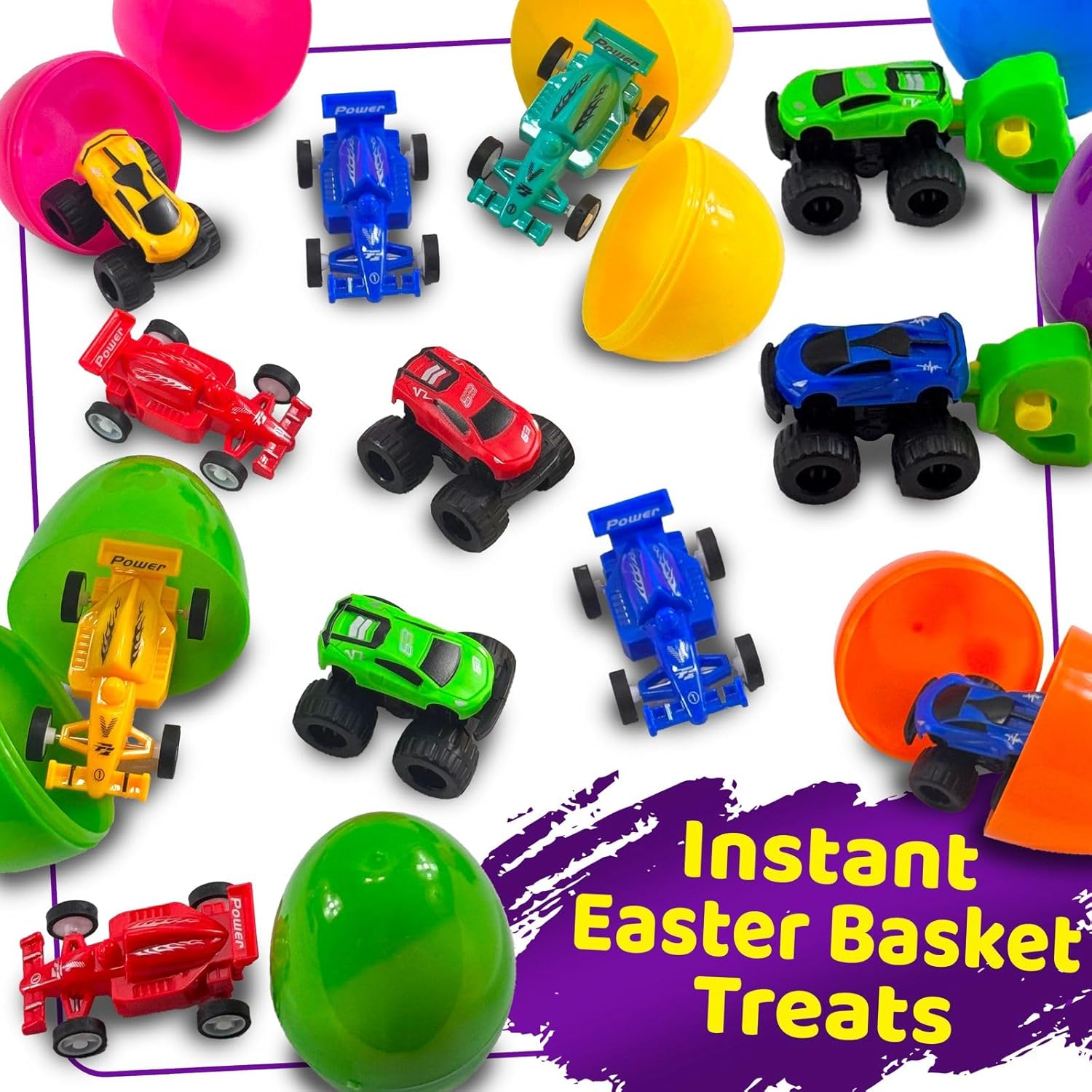 Stargo 16 Pack 3.2" Colorful Prefilled Easter Eggs bulk with Racing Mini Car Vehicles - Pull Back Cars | Plastic Easter Eggs Large for Easter Basket stuffers, Easter Gifts Party Favors Boy Goodie Bags - Image 6