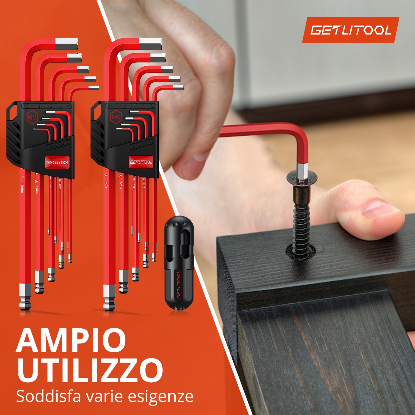 GETLITOOL Set 18PZ Chiave a Brugola Magnetica con Testa Sfera Metrica/Pollici in Acciaio S2 18X Chiavi Esagonali a T Extra Lunga Diametro 1.5-10mm 1/16''-3/8''inch + Maniglia di Coppia - Rosso