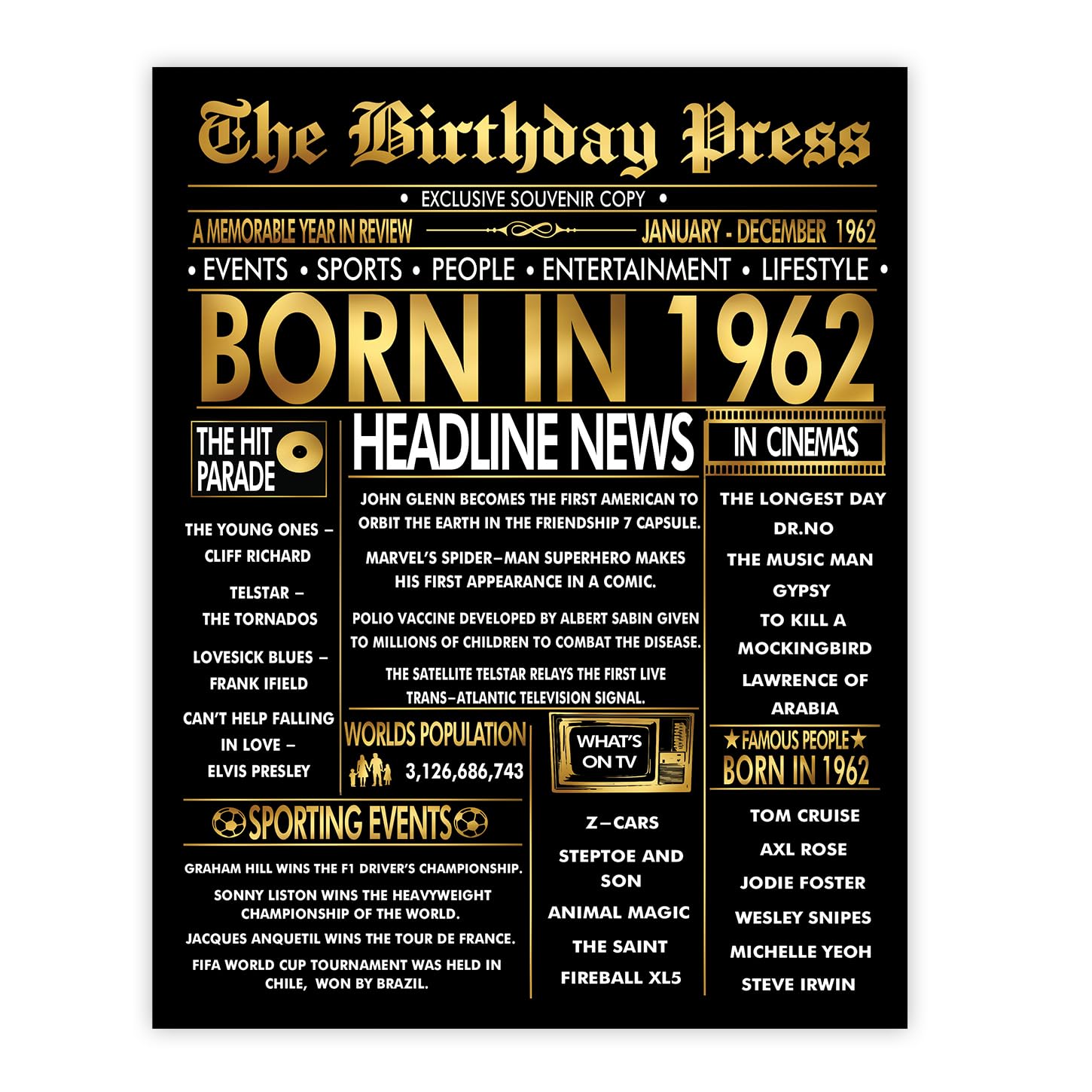 Stuff4 Gold 64th Birthday Poster Unframed - Golden Born In 1962 Newspaper - Happy 64 Birthday for Men Women Retro Vintage Gifts Back In 1962, 8x10 Inch Bday Party Decor Decoration