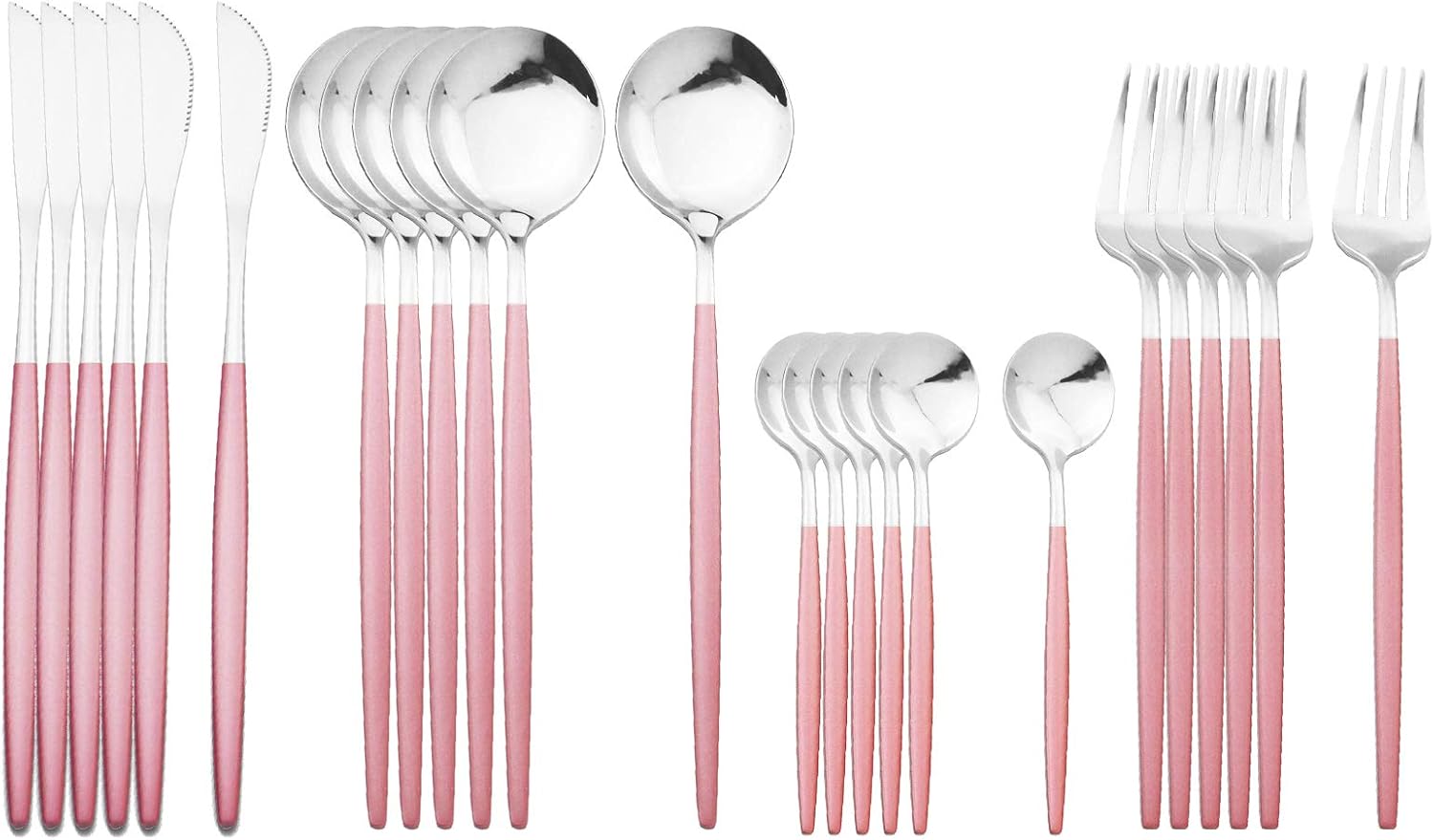 Pink Handle Silver Silverware Set, BRIIEC 24-Piece Stainless Steel Shiny Cutlery Eating Utensils Flatware Set for 6, Dishwasher Safe