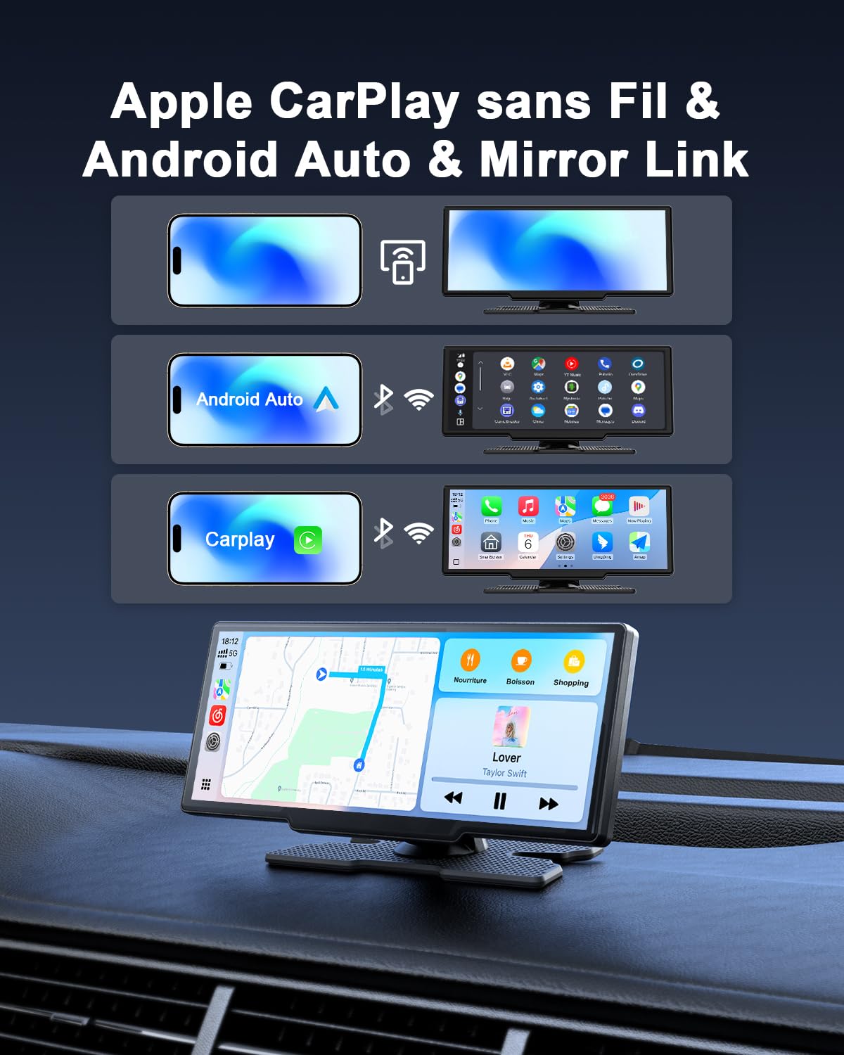 Avylet 8,1'' Apple Carplay Voiture pour avec Caméra de Recul, Écran Tactile | Portable, Navigation GPS, Contrôle Vocal Google/Siri, Android Auto, Bluetooth, AUX/FM, Mirror Link, OTA, 21.3*2.5*8.7cm