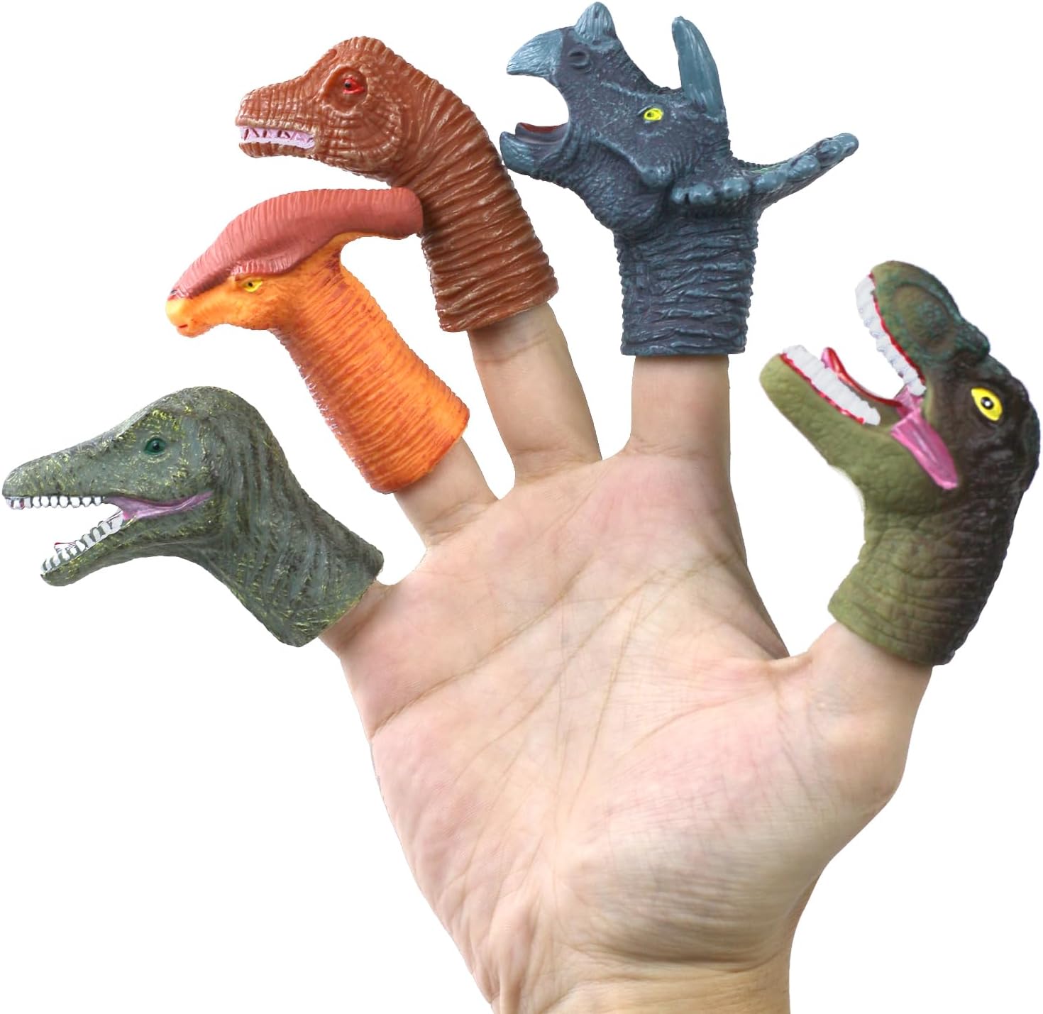 5Pcs Dinosaur Finger Puppets, Dinosaur Birthday Party Decorations Supplies Finger, Rubber Finger Puppets, Bath Finger Puppet Bath Toys for Kids Girls Boys, Finger Family Puppets for Kids Ages 3-5