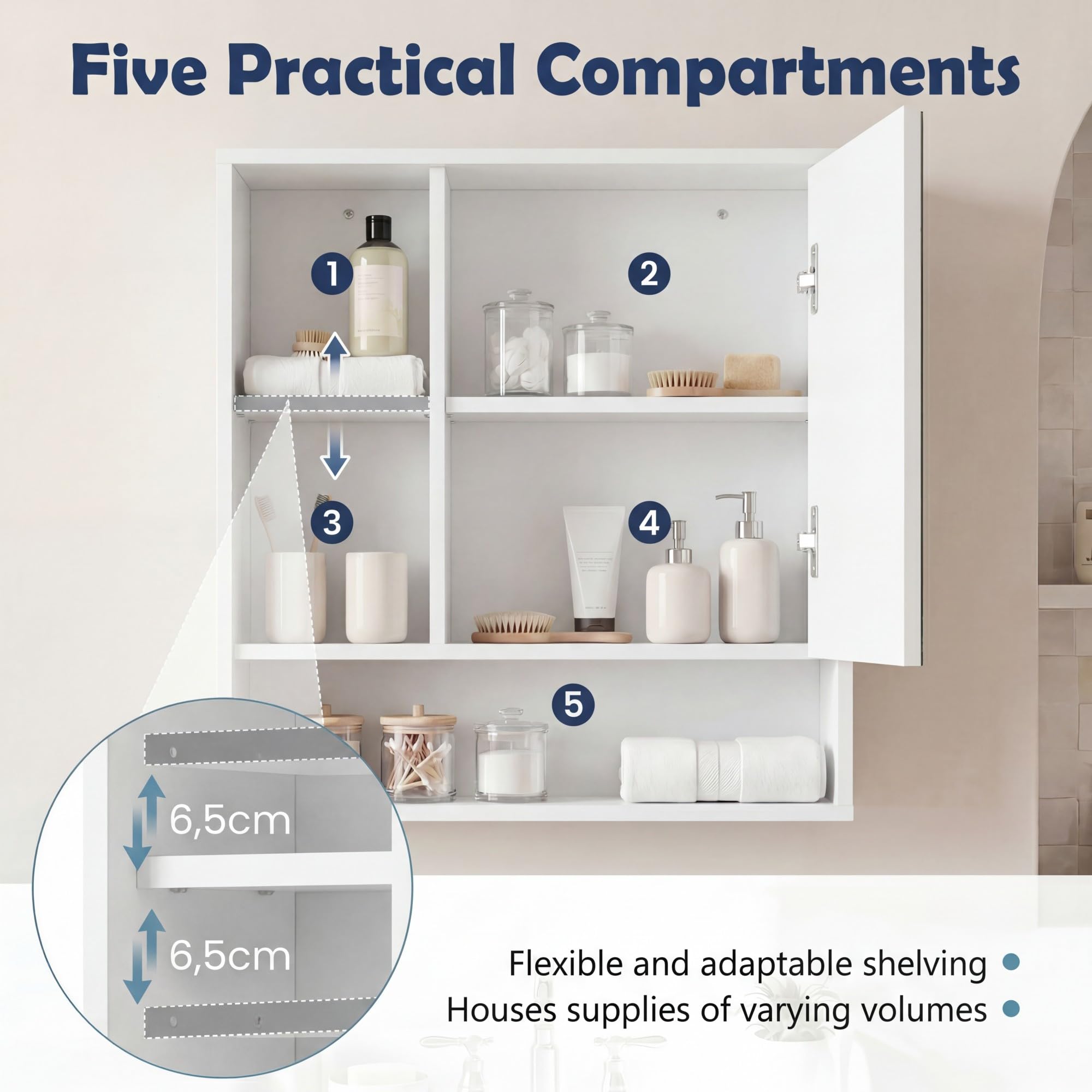 LIFEZEAL Armadietto da Parete per Bagno con Specchio, Mobile per Bagno con Mensola Regolabile e Rimovibile, Scomparto Aperto, Porta a Specchio, per Soggiorno, Ingresso, 55 x 16 x 61 cm (Bianco)