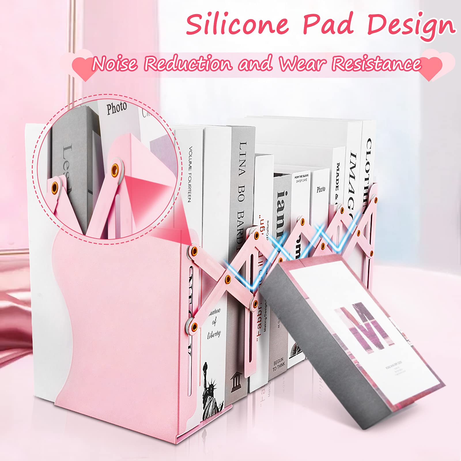 Sujetalibros antideslizantes para sostener libros, sujetalibros ajustables resistentes, sujetalibros de metal para estantes, organizador de libros rosa para escritorio, se extiende hasta 19