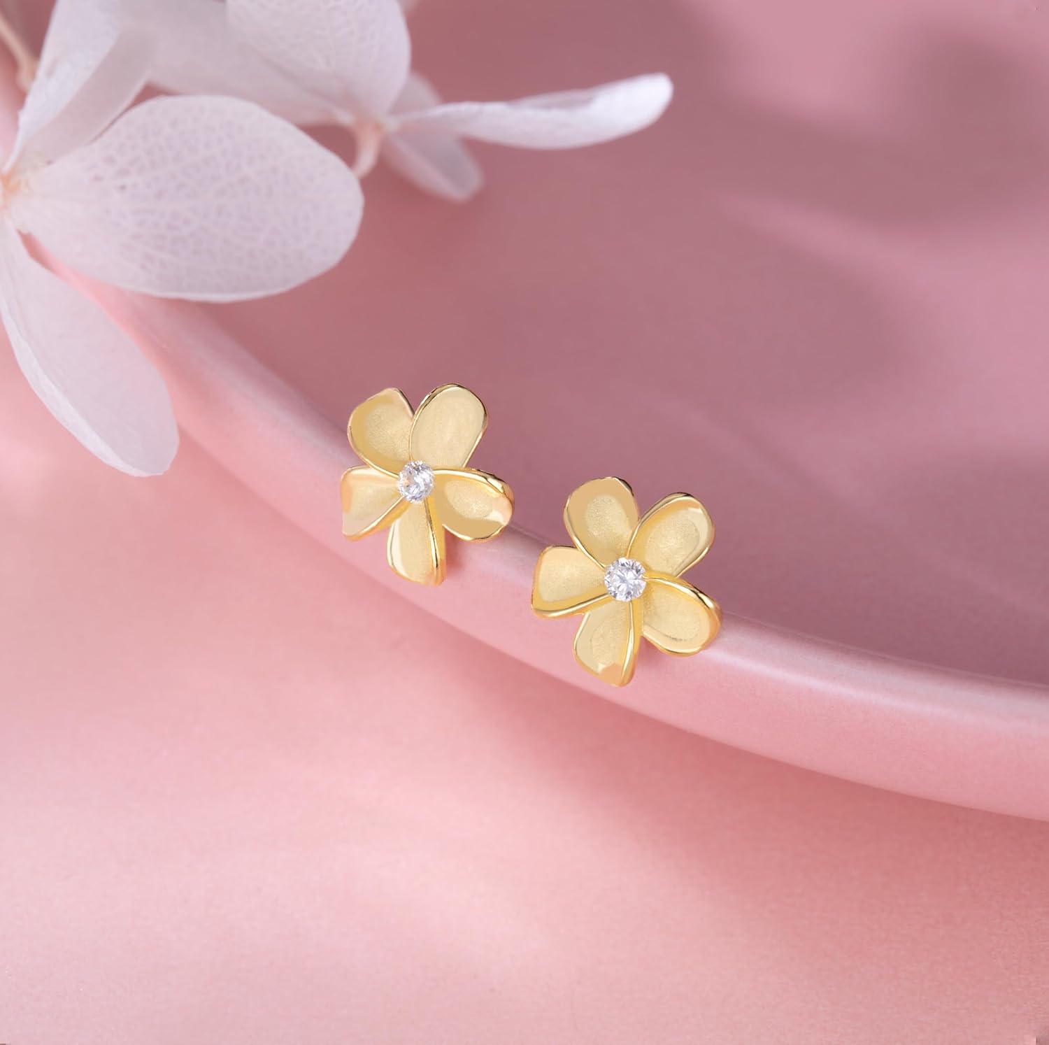 Reffeer Solid 925 Sterling Silver Plumeria Flower Stud Earrings for Women Teen Girls Crystal Flower Stud Earrings - Image 4