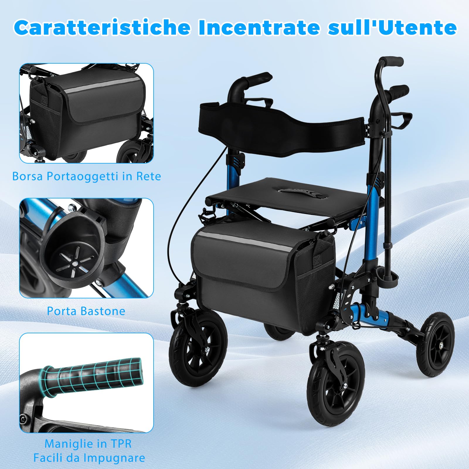 COSTWAY Deambulatore a Rotelle per Anziani, 2 in 1 Deambulatore Pieghevole con Seduta, Ammortizzatore, Schienale in Rete, Sospensione a Molla, 4 Ruote, Portacanne e Borsa Portaoggetti (Blu)