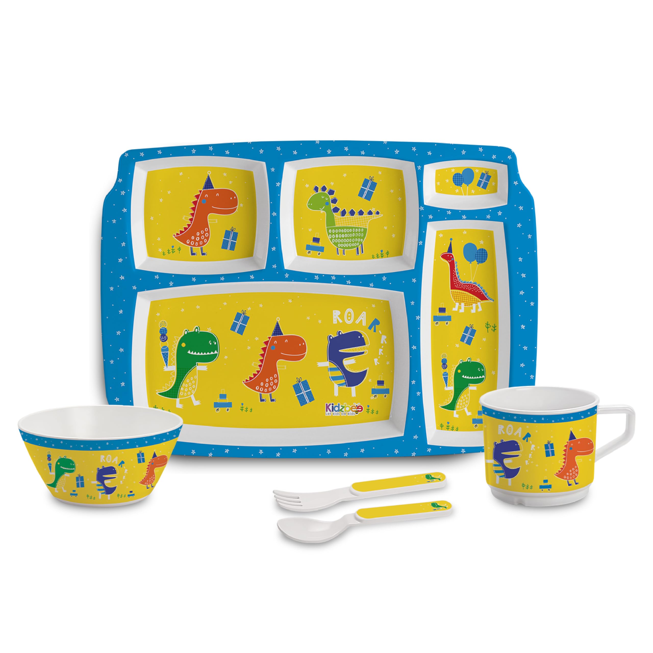 Cello Kidzbee Pentameal Dino Party Melamine Meal Set for Kids | BPA Free and Food-Grade Material | Attractive and Kidfriendly Designs | Break Resistant & Durable Set | Set of 5, Yellow-image-27