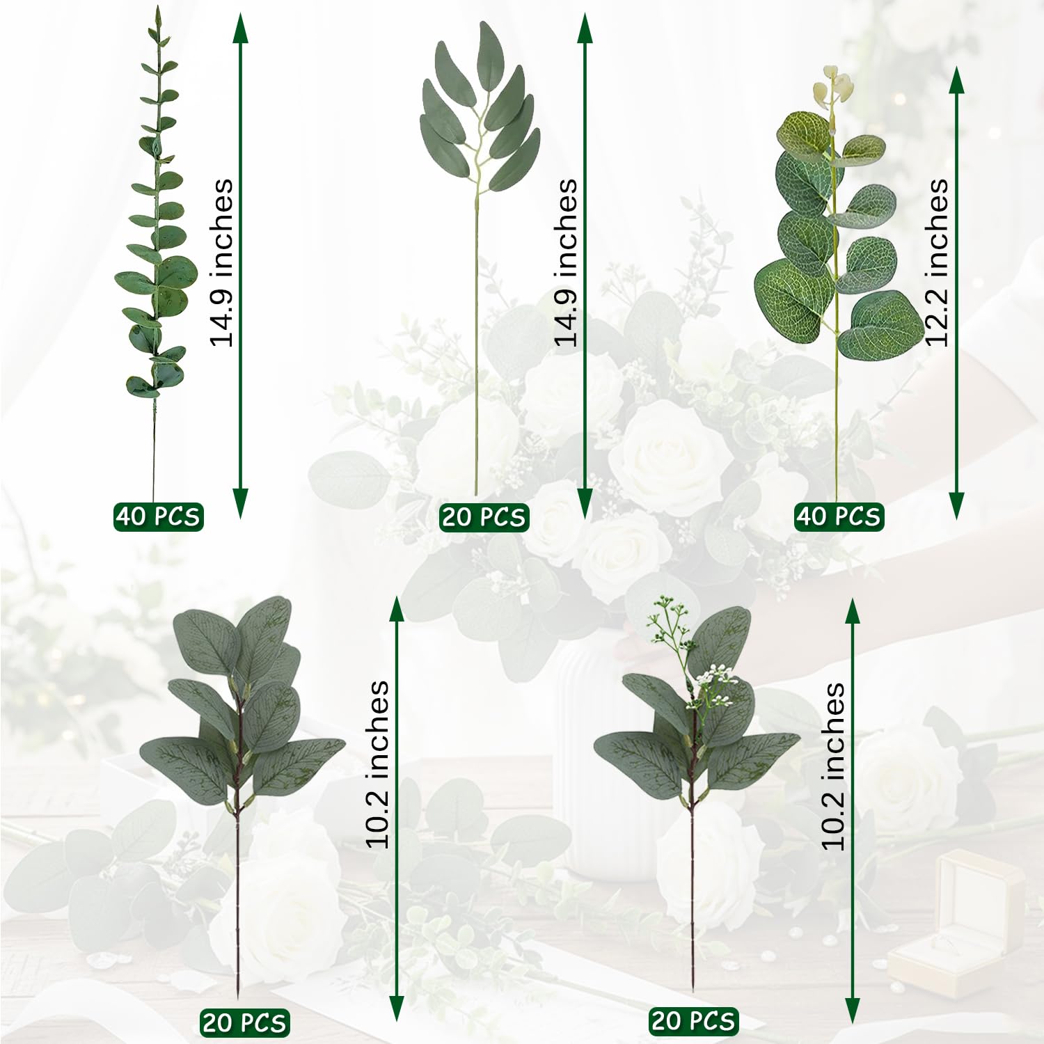 HUAHUA 140 foglie di eucalipto artificiali, 5 tipi misti, foglie di eucalipto finte, per bouquet fai da te, centrotavola, composizioni floreali, decorazioni per la casa e matrimoni
