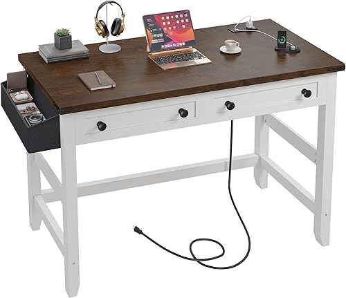 EnHomee - Escritorio pequeño para computadora con tomas de corriente, escritorio blanco con 2 cajones, pequeña mesa de estudio y escritura con