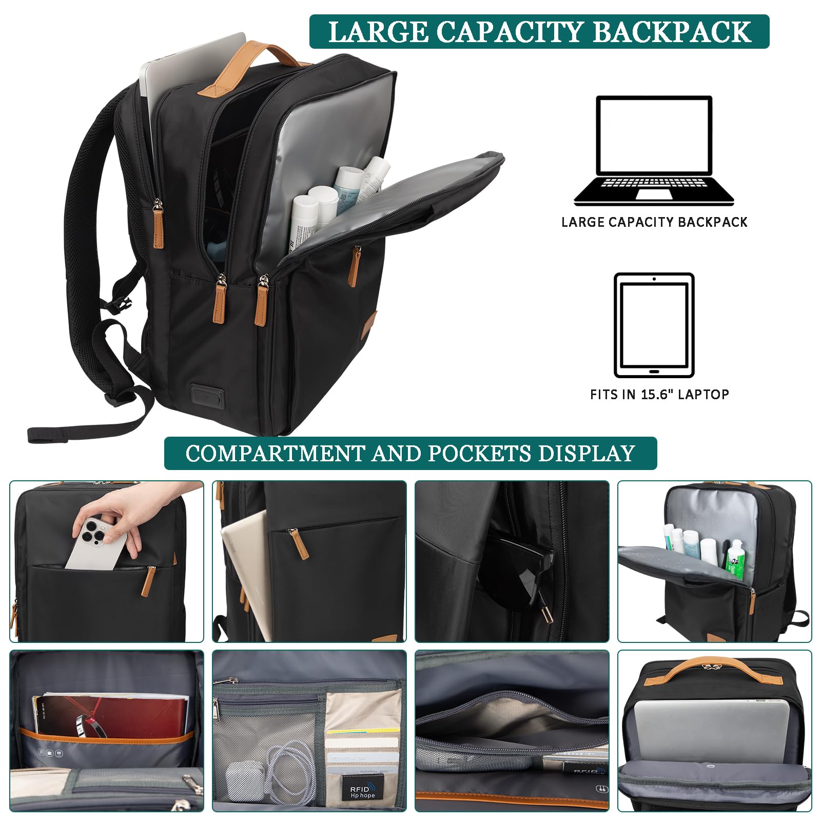 Hp hope Zaino da lavoro per uomo, zaino impermeabile da donna per zaino da scuola per laptop da 15,6 inch con porta di ricarica USB, zainetto antifurto da 22 litri per viaggi di lavoro, escursioni