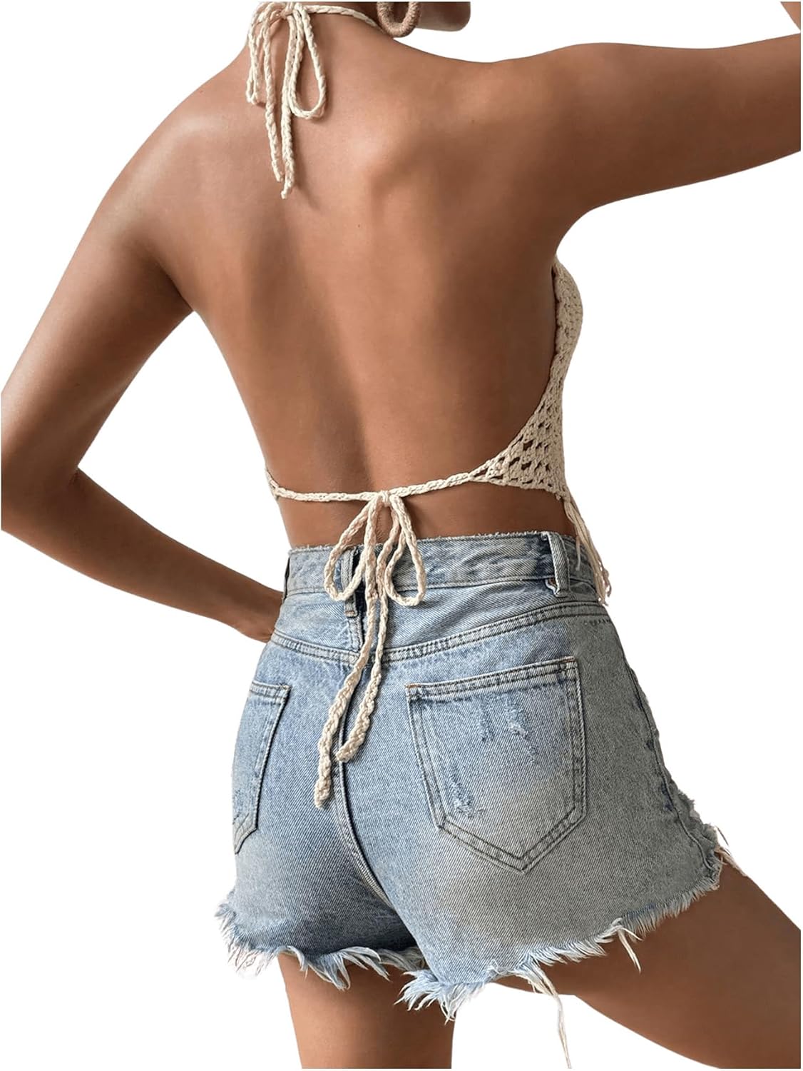 SOLY HUX Women's Crochet Tops Summer Sexy Knitted V Neck Sleeveless Camisole Halter Fringe Crop Top - Image 2