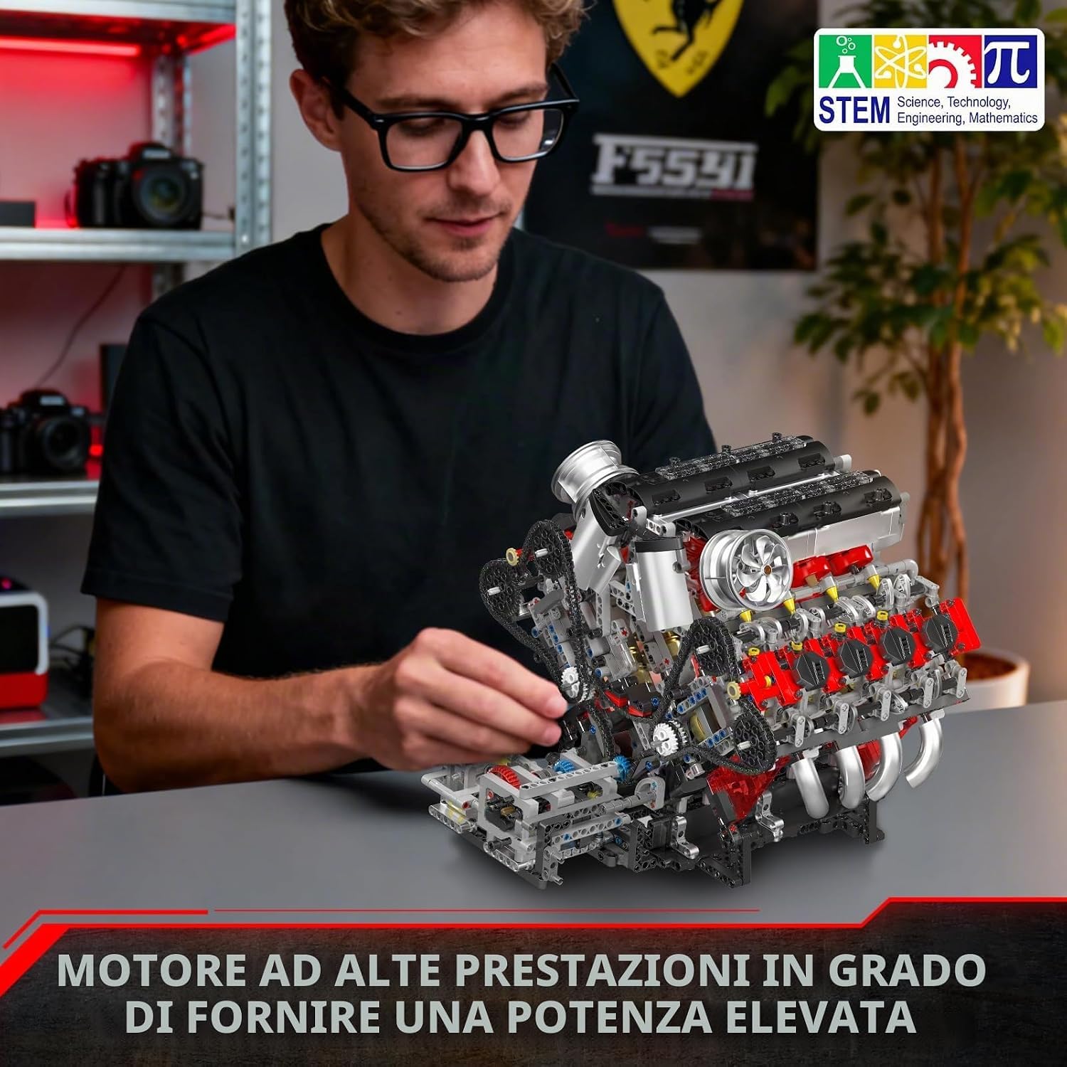 Mould King 10130 F488 Super Car V8 Biturbo da Costruire, Kit Tecnico Motorizzato con 2718 Pezzi, Motore Elettrico XL, 8 Pistoni e Doppio Turbocompressore