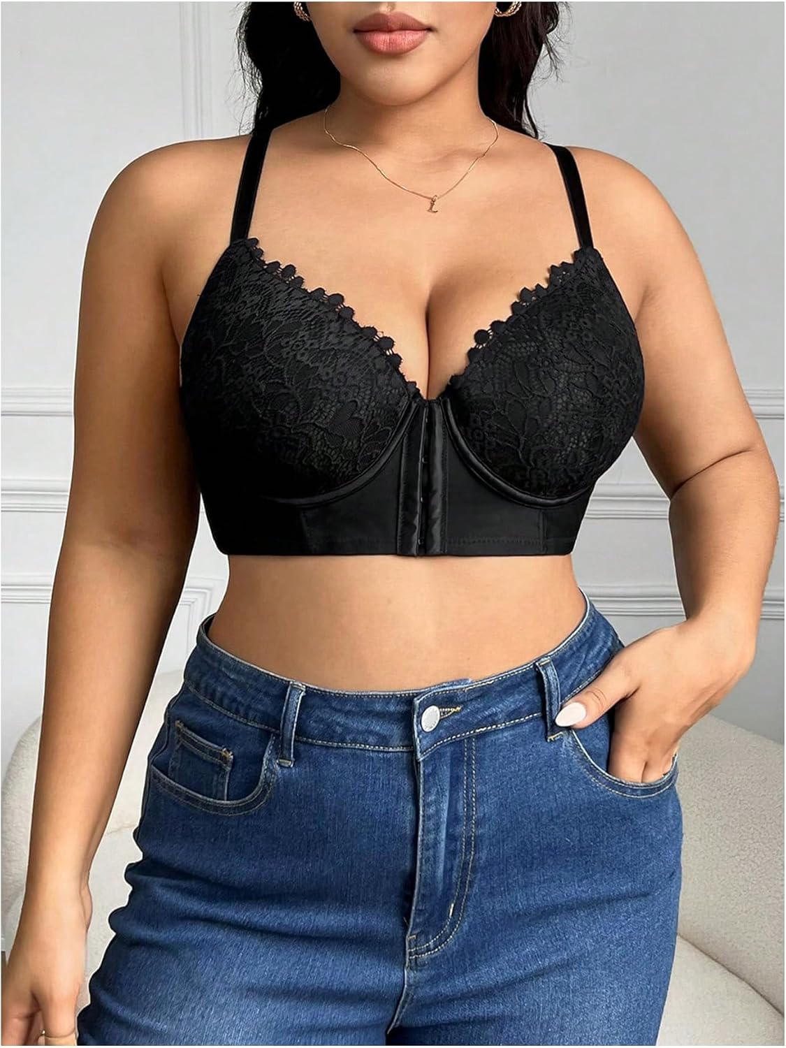 WDIRARA Women's Plus Size Front Closure Lace Bralette V Neck Push Up Sexy Bras High Support Bra - Image 4