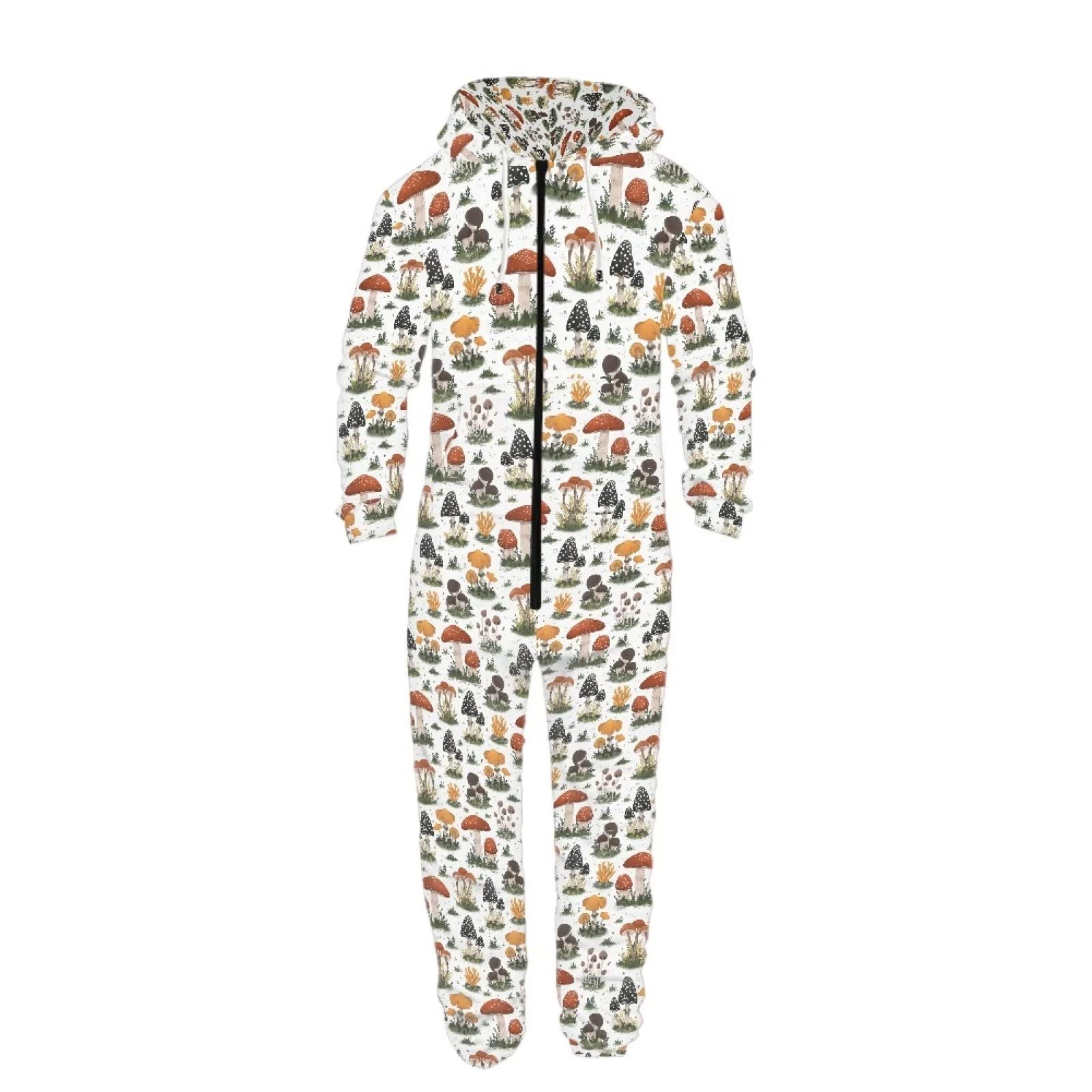 POLERO Pijamas Enteros de una pieza de vaca con cremallera para mujeres y hombres, ropa de dormir con bolsillo y cordón con capucha, Setas, S