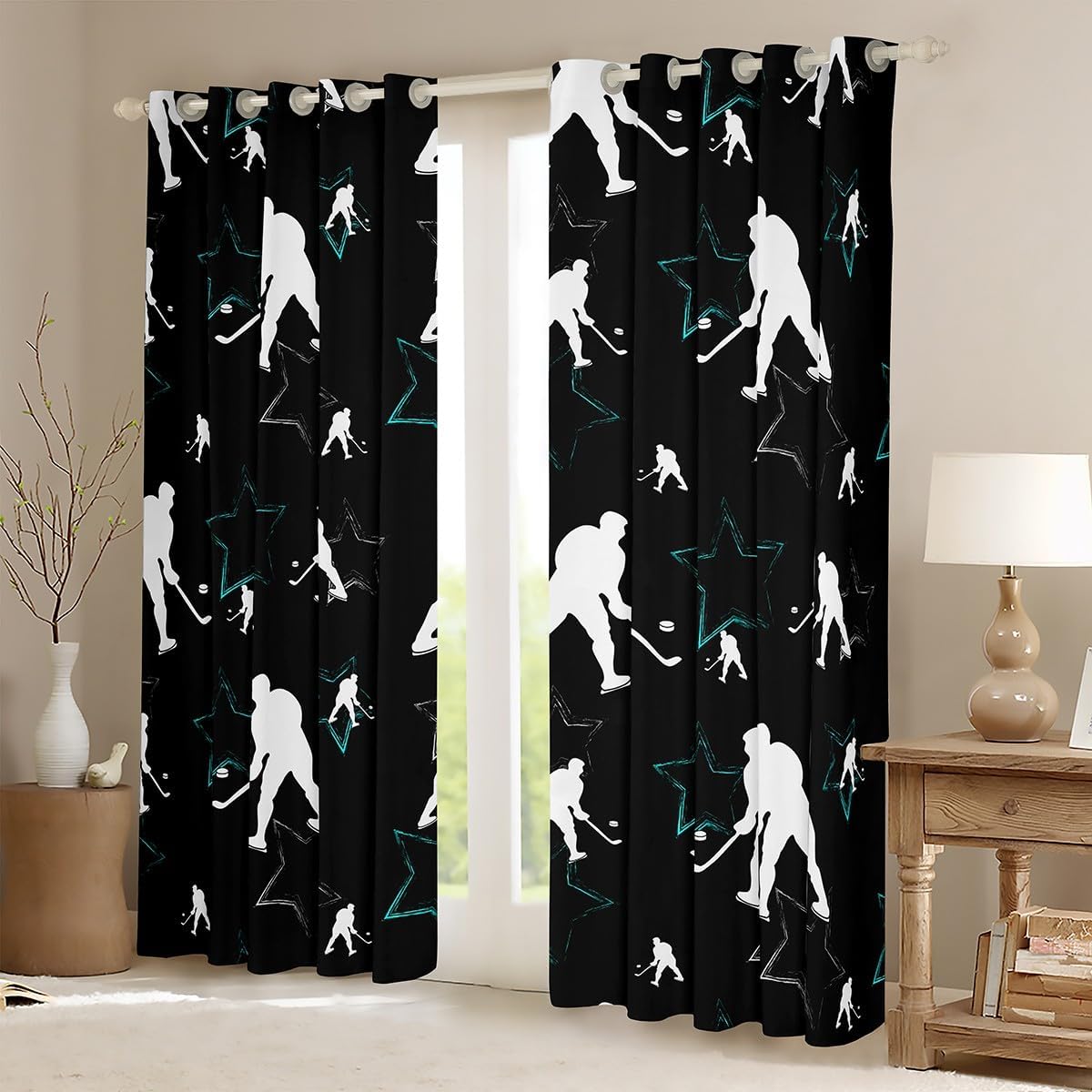 Feelyou Ice Hockey Curtains for Bedroom Living Room (2 Panels, 52 x 90 Inch) Ice Sports Games Darkening Dreapes Kids Adults Sports Gaming Darkening Dreapes Hockey Player Window Treatments Puck Hockey