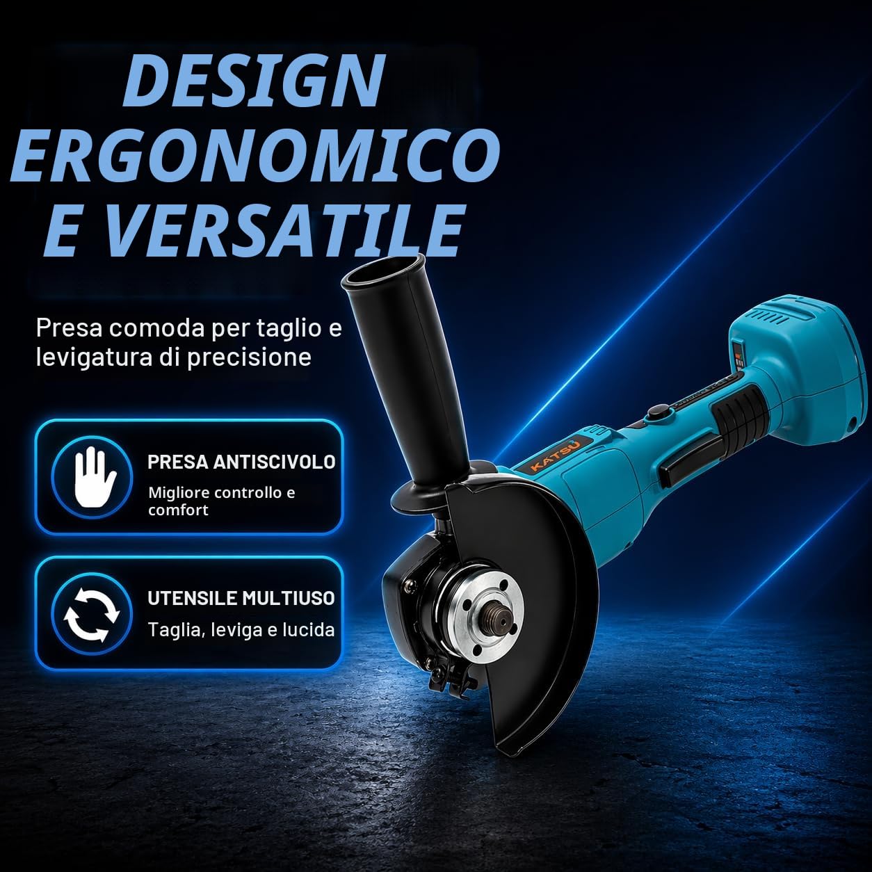 Smerigliatrice Angolare a Batteria Brushless 21V KATSU FIT-BAT, 115mm con Motore Brushless per Taglio Lucidatura Smerigliatura, 3 Velocità, Batterie non Incluse (solo Macchina) 102606