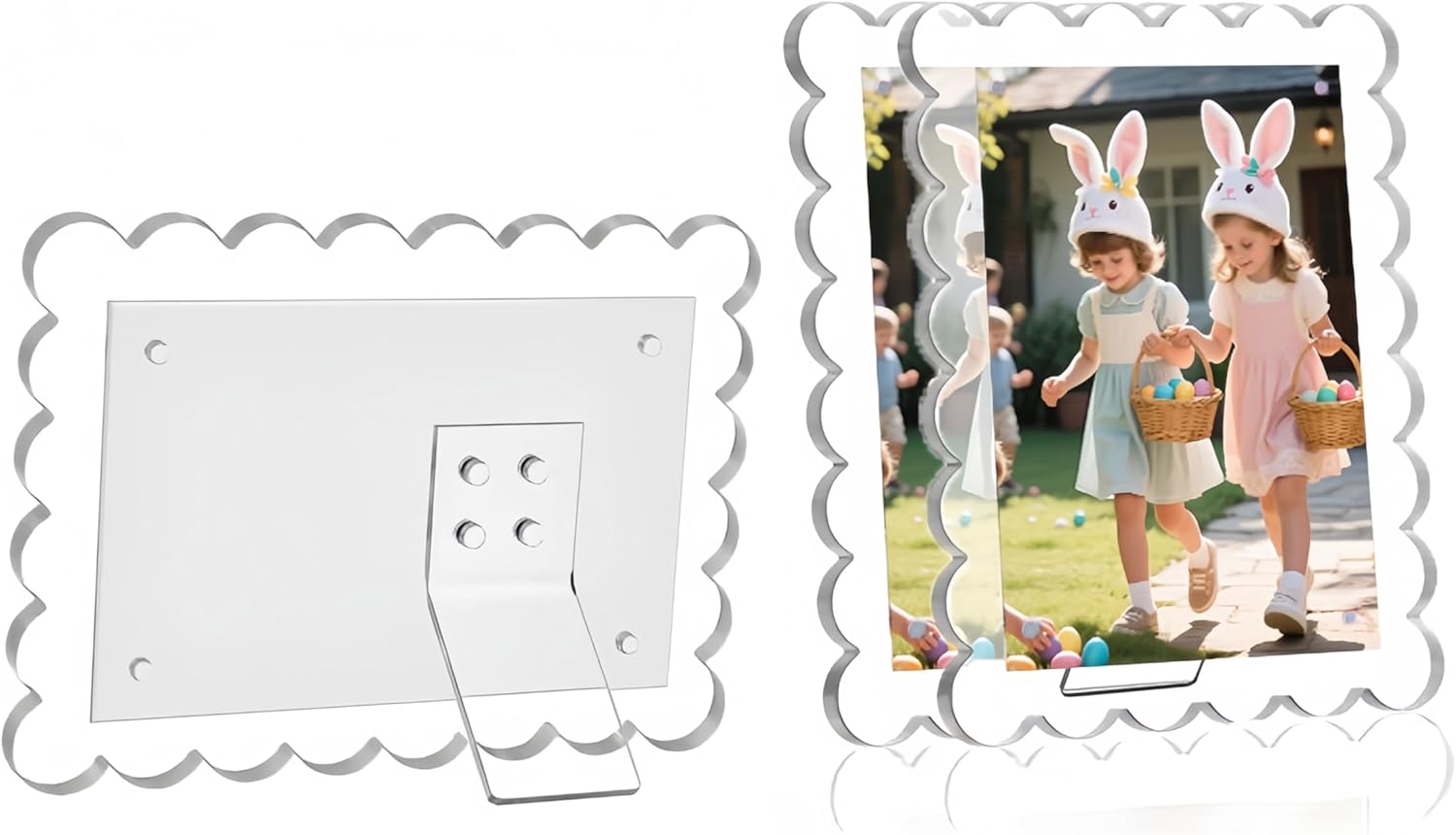 3 PACK 4 x 6 Picture Frame，Acrylic Clear Scalloped Photo Frame with Magnetic Holder for Vertical and Horizontal, Magnetic Picture Frames for Refrigerator and Desktop Display