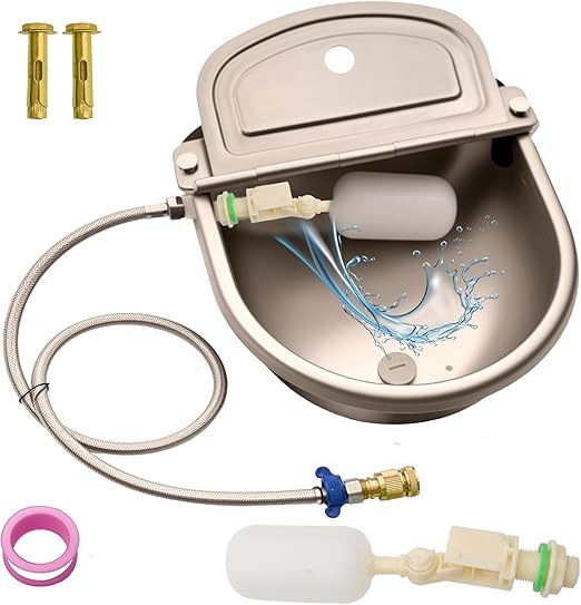 Automatic Dog Water Bowl 1 Gallon with Auto Refill, 304 Stainless Steel, Includes Waterer, 2 Float Valve, Hose Quick Connector, Water Pipe and Sleeve Anchors, for Horse, Chicken