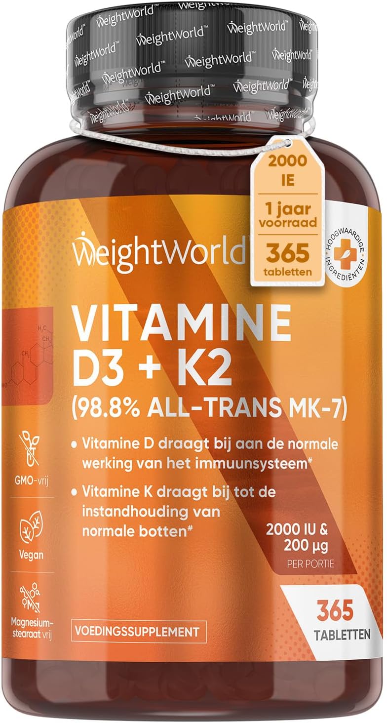 Vitamine D3 en K2 tabletten – 2000 IE D3 uit korstmos + 200 mcg K2 Menachinon All-Trans MK7-365 tabletten (1 jaar voorraad) – Vrij van magnesiumstearaat – WeightWorld