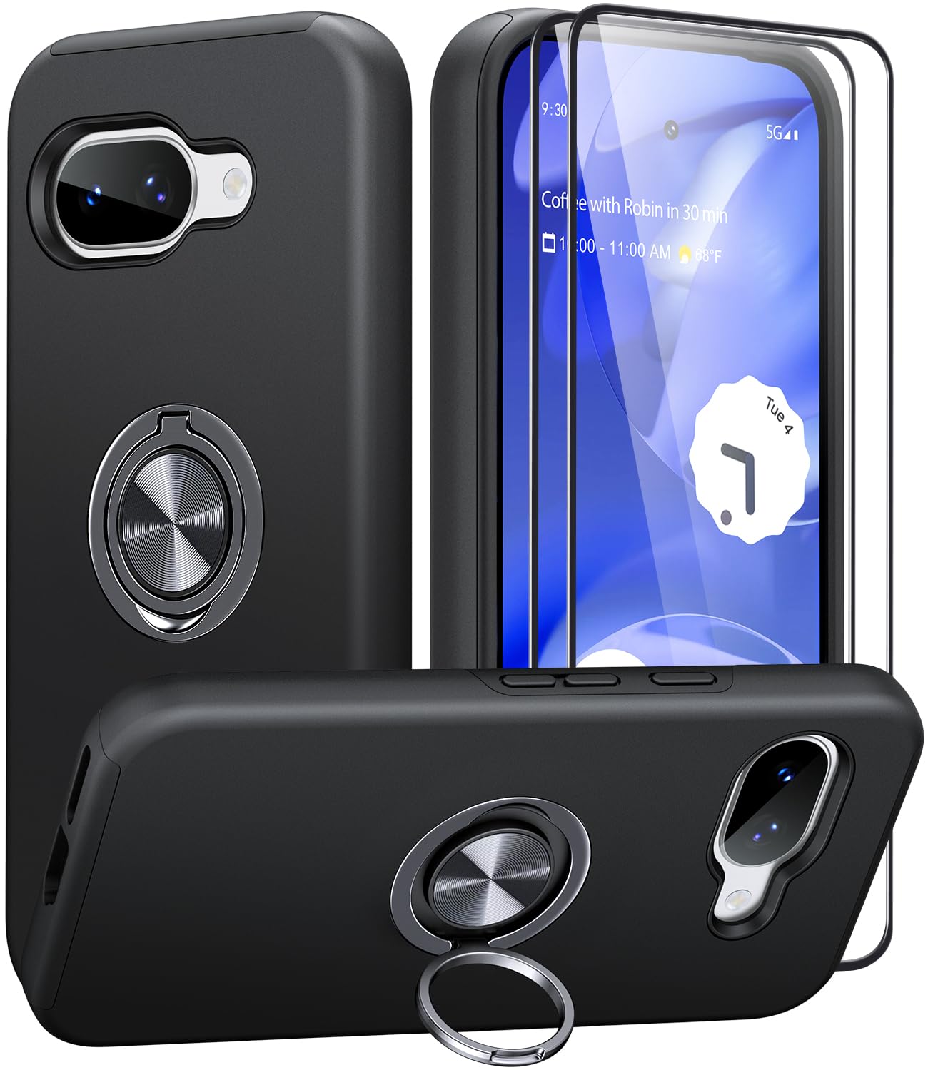 AOUIA für Google Pixel 9A Hülle mit 2 Stück Schutzfolie, Militärischer Schutz Stoßfest Pixel 9A Hülle mit 360° Drehbarem Ring Kickstand Handyhülle für Google Pixel 9a, Schwarz