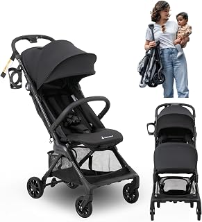BabbleRoo Hoplite Compact Stroller – Lightweight Travel Stroller for Airplane (12.3 lbs), Newborn to 55 lbs, Easy Fold, PU Wheels, Alloy Frame, Near-Flat Recline, Raincover, Cup Holder, Baby Stroller