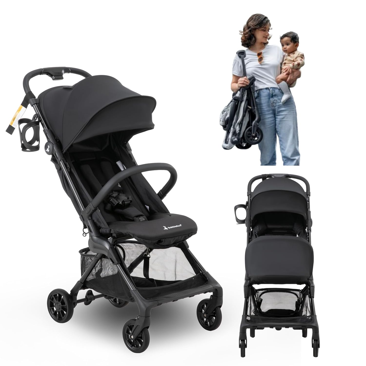 BabbleRoo Hoplite Compact Stroller – Lightweight Travel Stroller for Airplane (12.3 lbs), Newborn to 55 lbs, Easy Fold, PU Wheels, Alloy Frame, Near-Flat Recline, Raincover, Cup Holder, Baby Stroller
