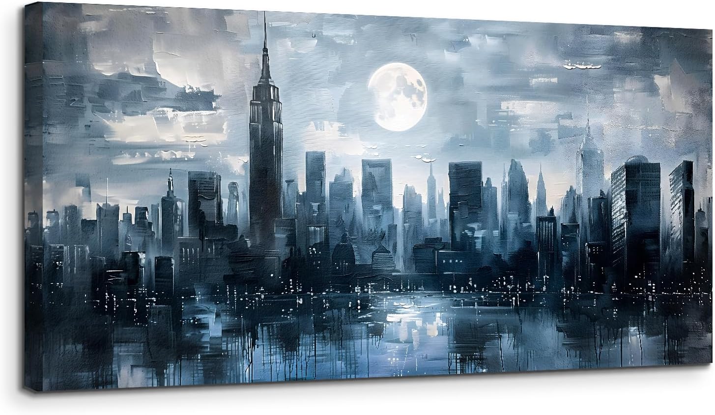 SERIMINO New York City Wall Art, Modern Urban Abstract Large Artwork, Moon Night Landscape Canvas Painting, Blue Impressionist Pictures Wall Decor Living Room Bedroom, Office Art Prints 20X40 Inch 40L" x 20W" City Nightscape