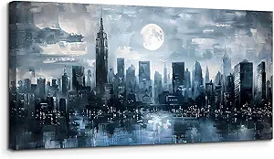 SERIMINO New York Skyline Wall Art Prints, City Night Landscape Large Canvas Painting, Abstract Urban Architecture Aesthetic Wall Pictures for Living Room Bedroom, Modern Office Decorations 30X60 Inch