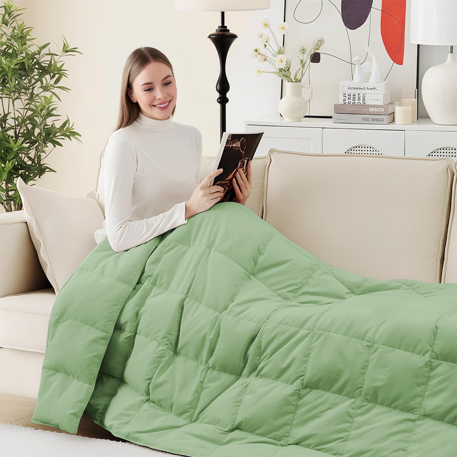 Natural Down Fiber Throw Blanket Couch, Sofa Down Fiber Blanket Throw Outdoor Lightweight Peach Skin Fabric,50"X70",Sage Green