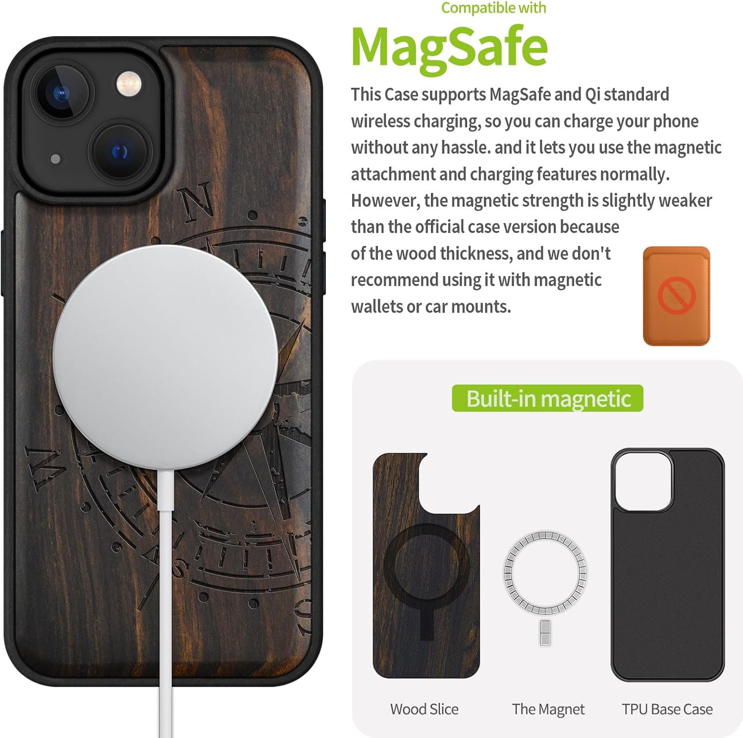 Carveit Magnetic Wooden Case for iPhone 15 Case, Compatible with MagSafe Wireless Chargers, Black Soft TPU Shockproof Cover & Wood Artisan Engraved (Incomplete Compass) - Blackwood - Image 5