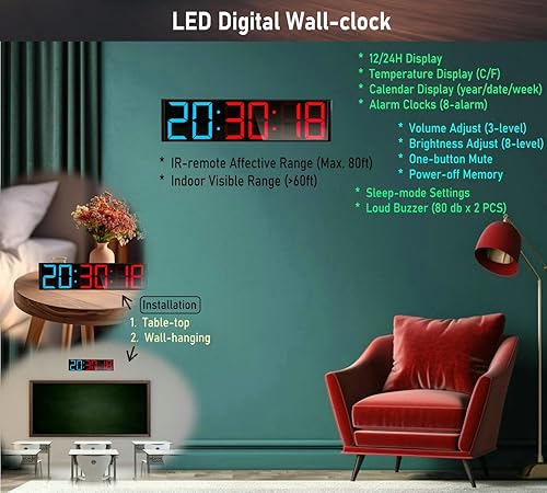 Miniatura 5 de Reloj temporizador de entrenamiento con intervalo de gimnasio en casa de 26 pulgadas, reloj de pared digital con cuenta regresivade segundos,