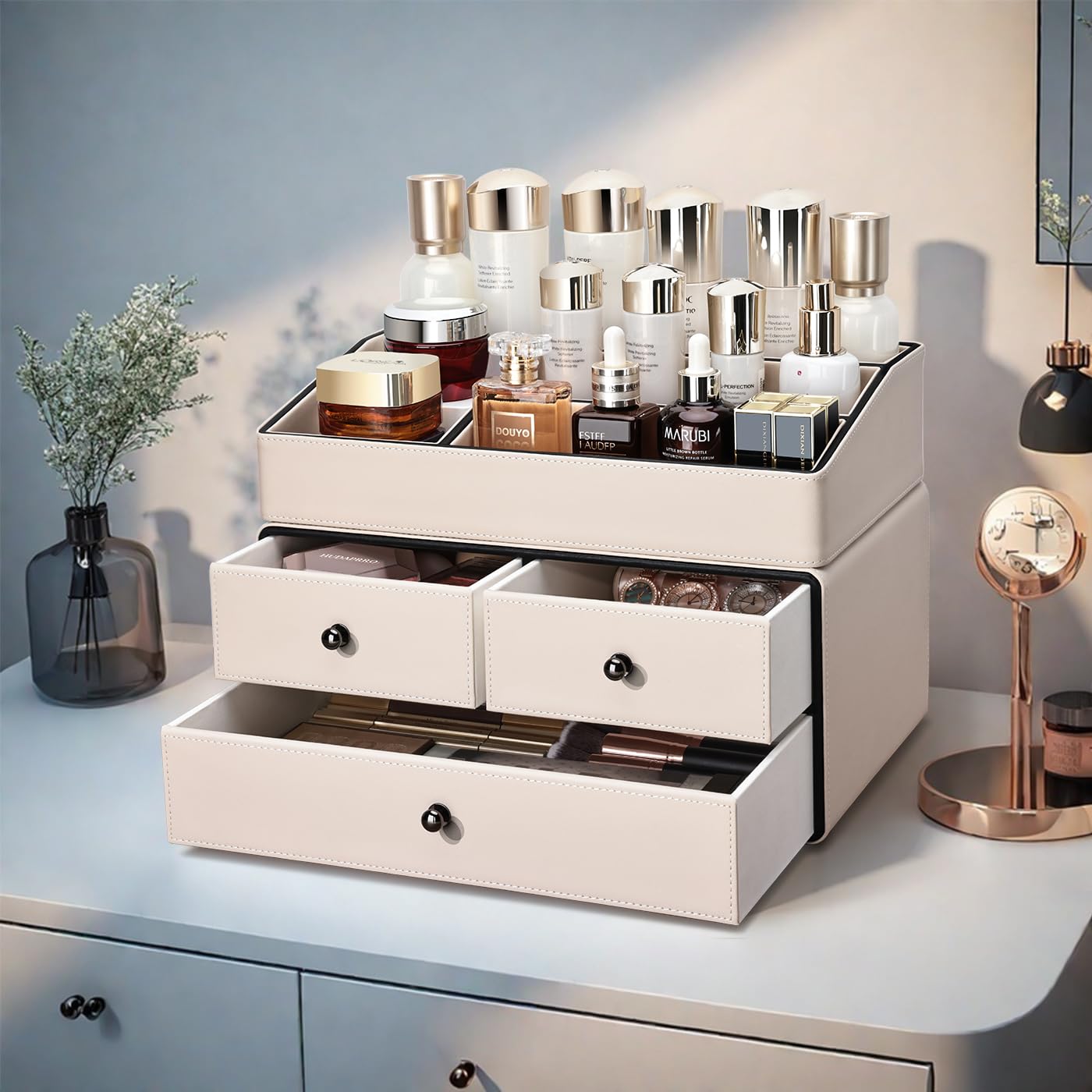KINGFOM Organizador de Maquillaje, Organizador Cosmeticos con 3 Cajones y 5 Compartimentos, Makeup Organizer (Beige)