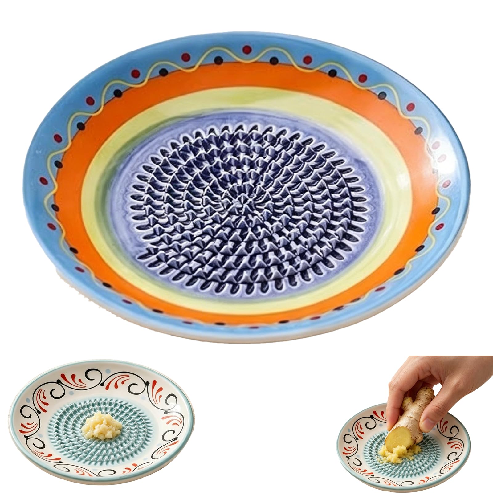 Ceramic Garlic Grater Plate, Natural Grinder, Handmade Hand Painted Grating Plate, Decorative Mincer for Tomato Paste Dishwasher Safe (B)