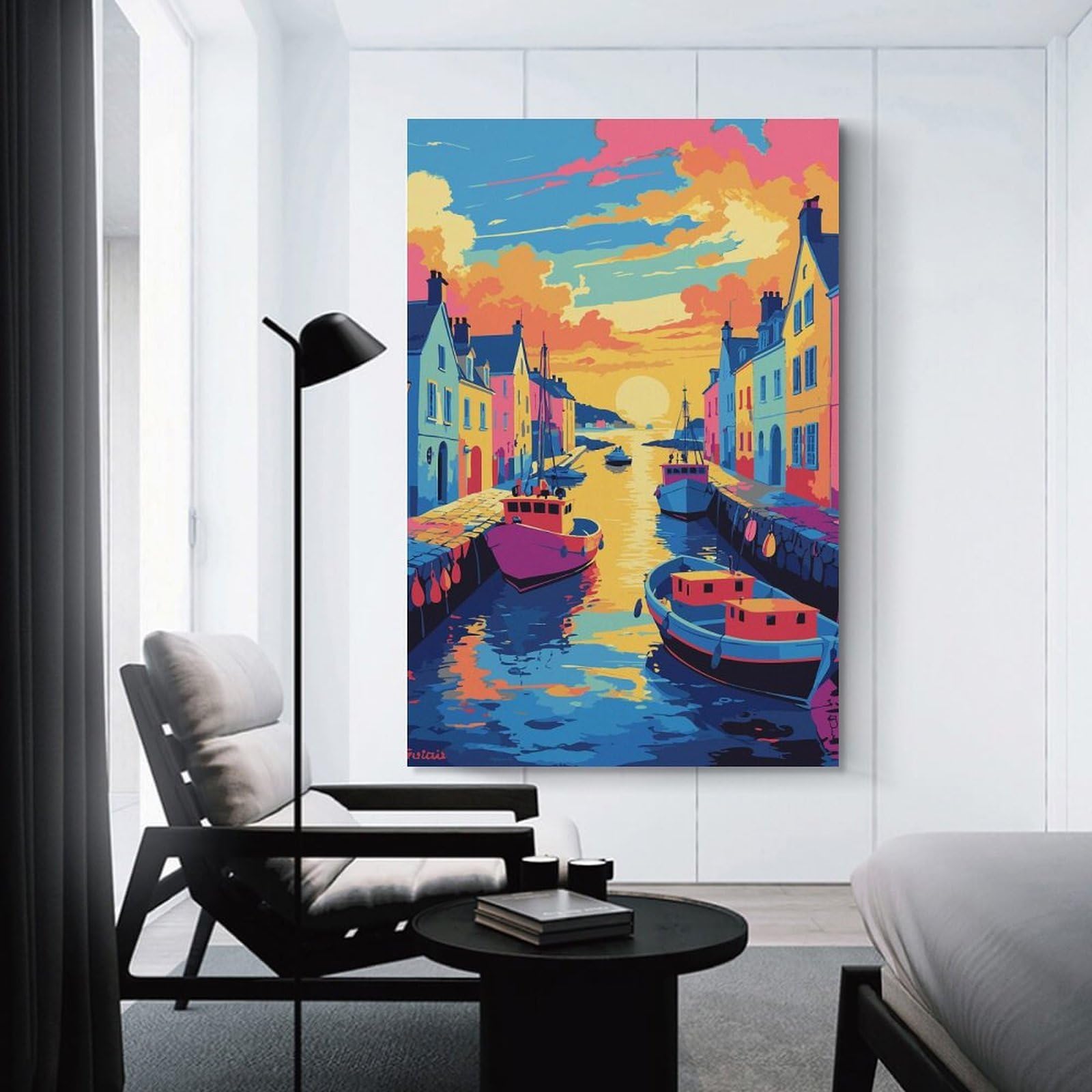 Junmoney Wall Decor Canvas Print Colorful Harbor Scene Painting, 20x30inch(50x75cm), for Study, Office Or Focused Interiors, Wall Art That Adds Style to Work Areas