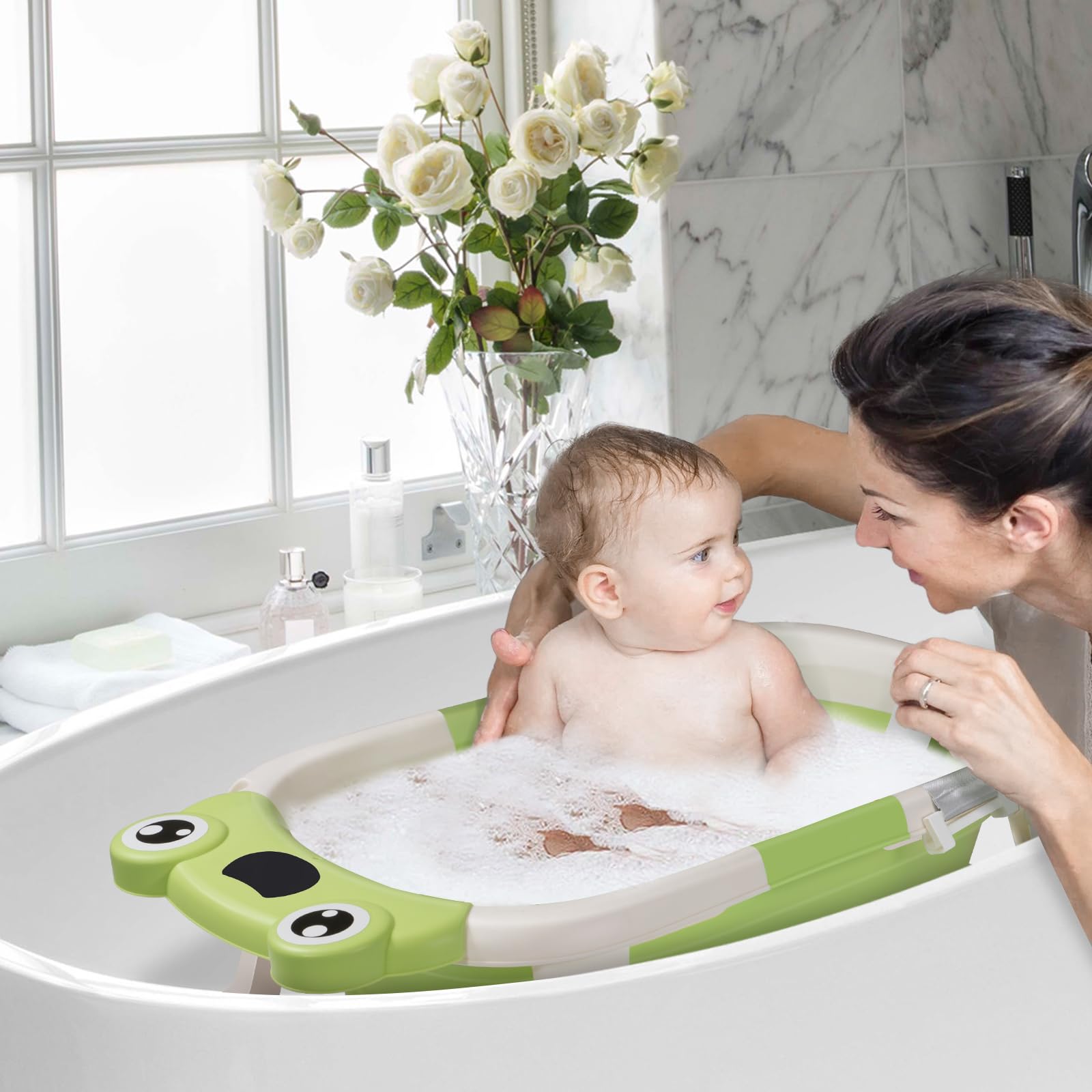 DEANIC Vaschetta Bagnetto Neonato Con Cuscino, Riduttore Da 0-24 Mesi, Appendibile Pieghevole Salvaspazio (Verde)