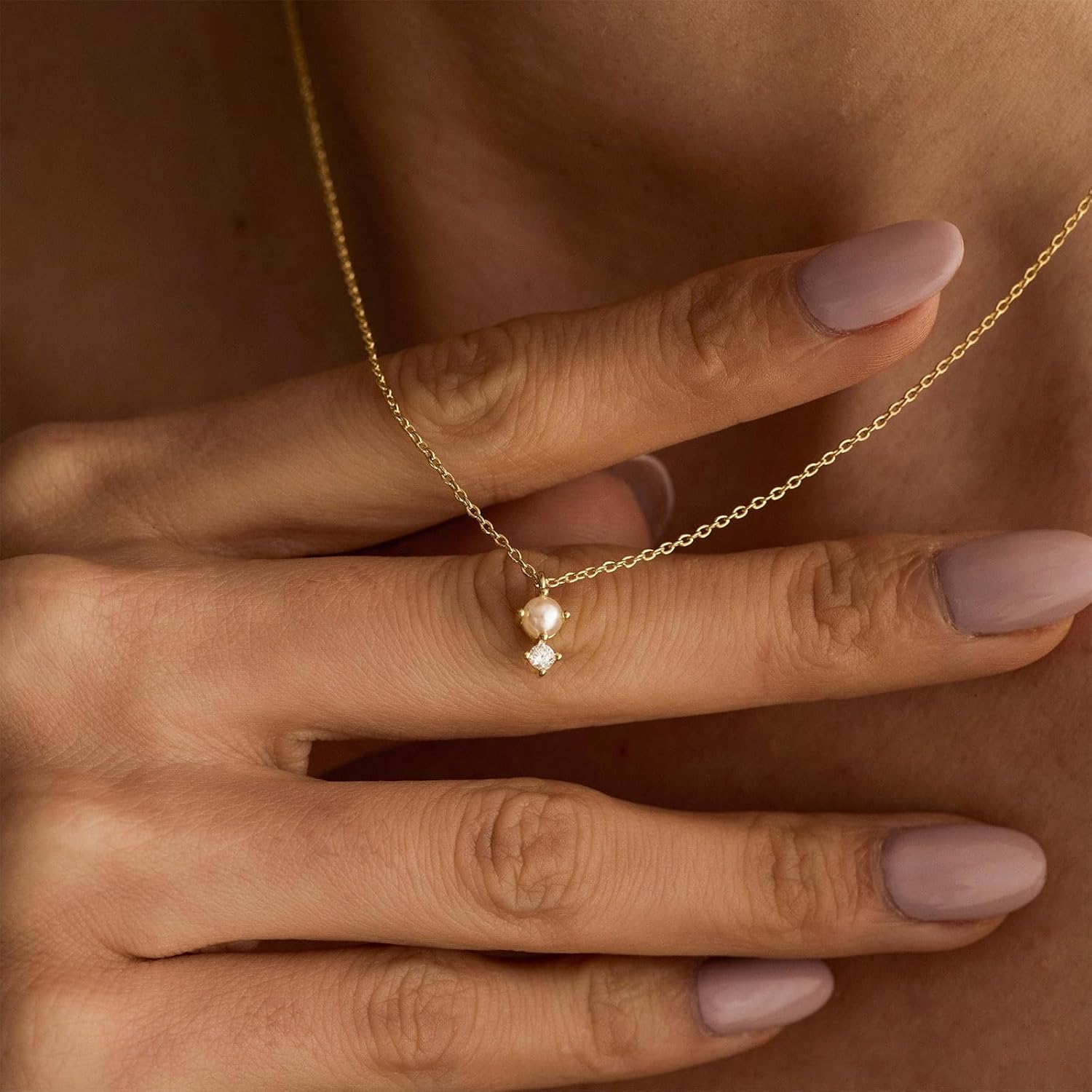 Gold Necklace for Women, Dainty 14K Gold Plated Pendant Necklaces for Women Trendy Simple Choker Chain Cubic Zirconia Circle/Interlocking/Sun/Pearl Necklace Fashion Jewelry Charm Gifts for Her - Image 3