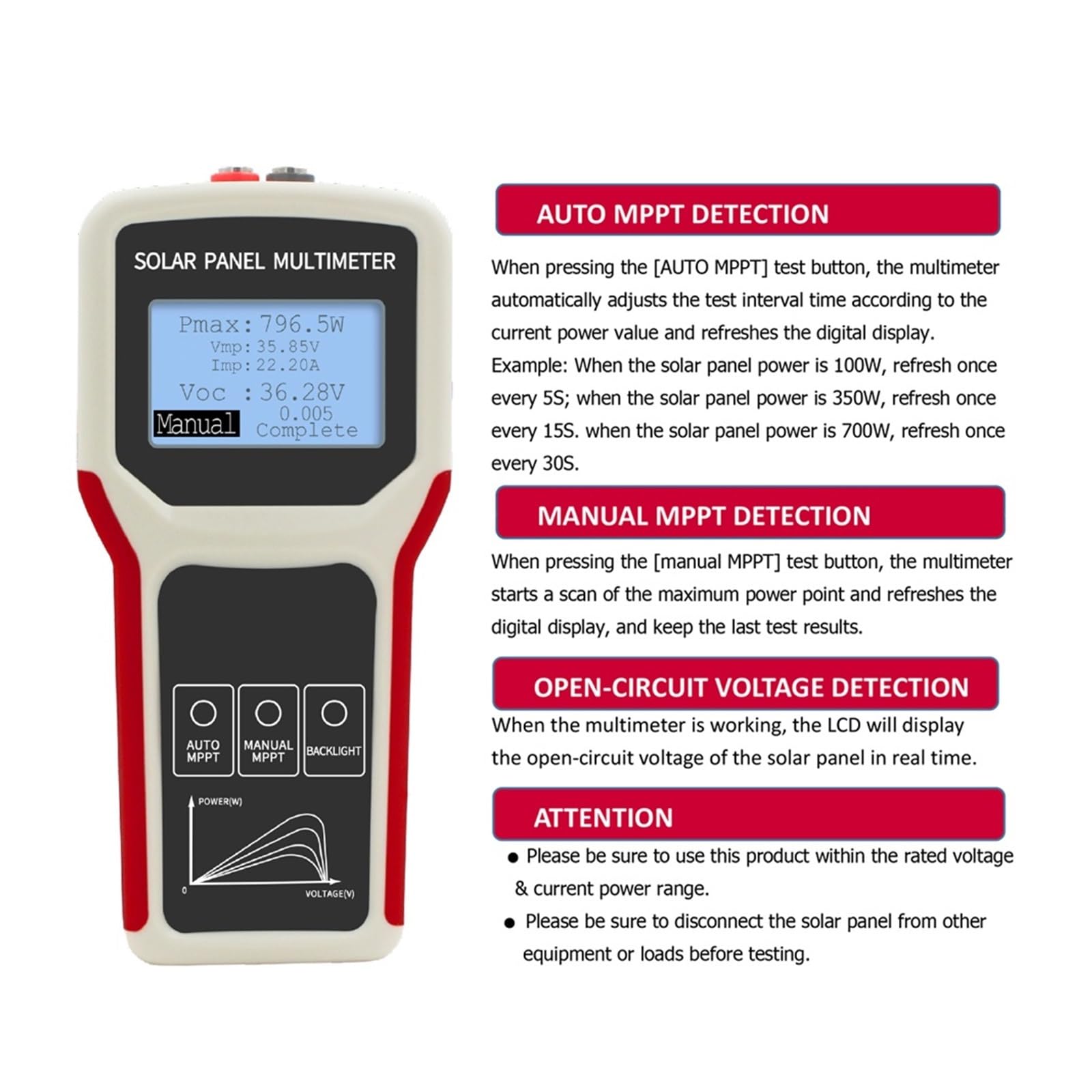 Panel Fotowoltaiczny Multimetr Automatyczne/ręczne Wykrywanie MPPT Słoneczny LCD Tester Narzędzie Do Testowania Napięcia Szybko Dokładnie Łatwy Odczyt(400B)